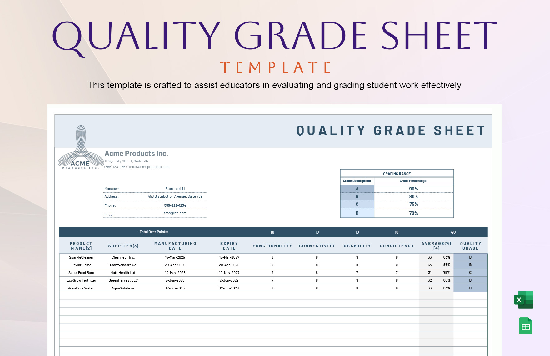 Quality Grade Sheet Template