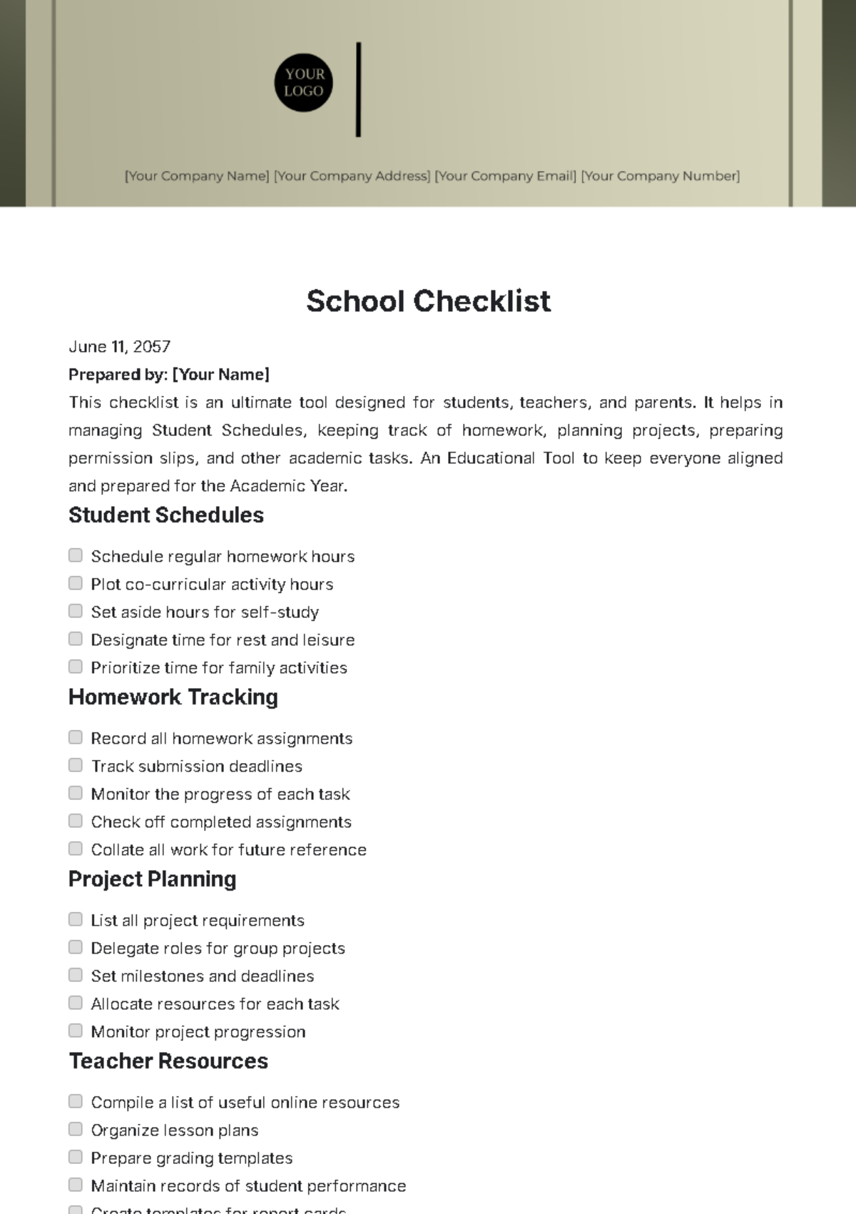 Free School Checklist Template