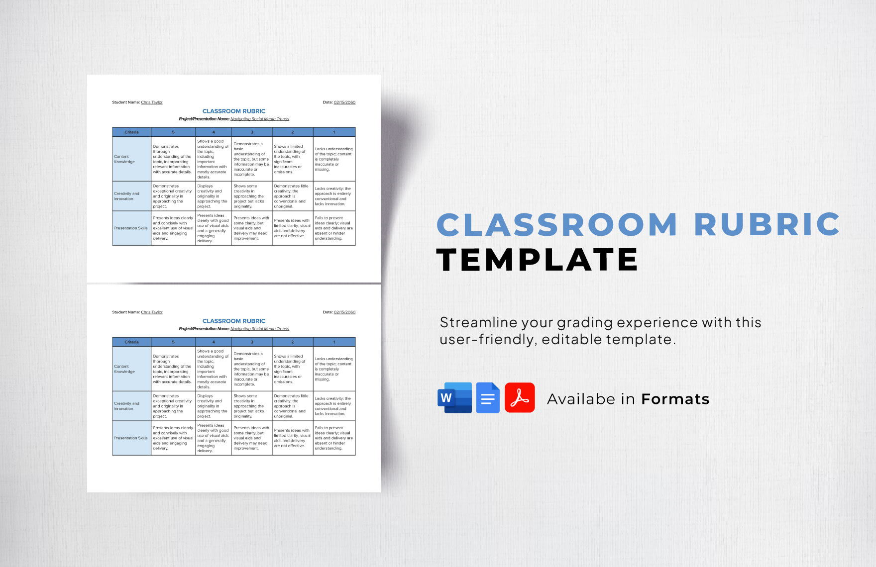 Classroom Rubric Template