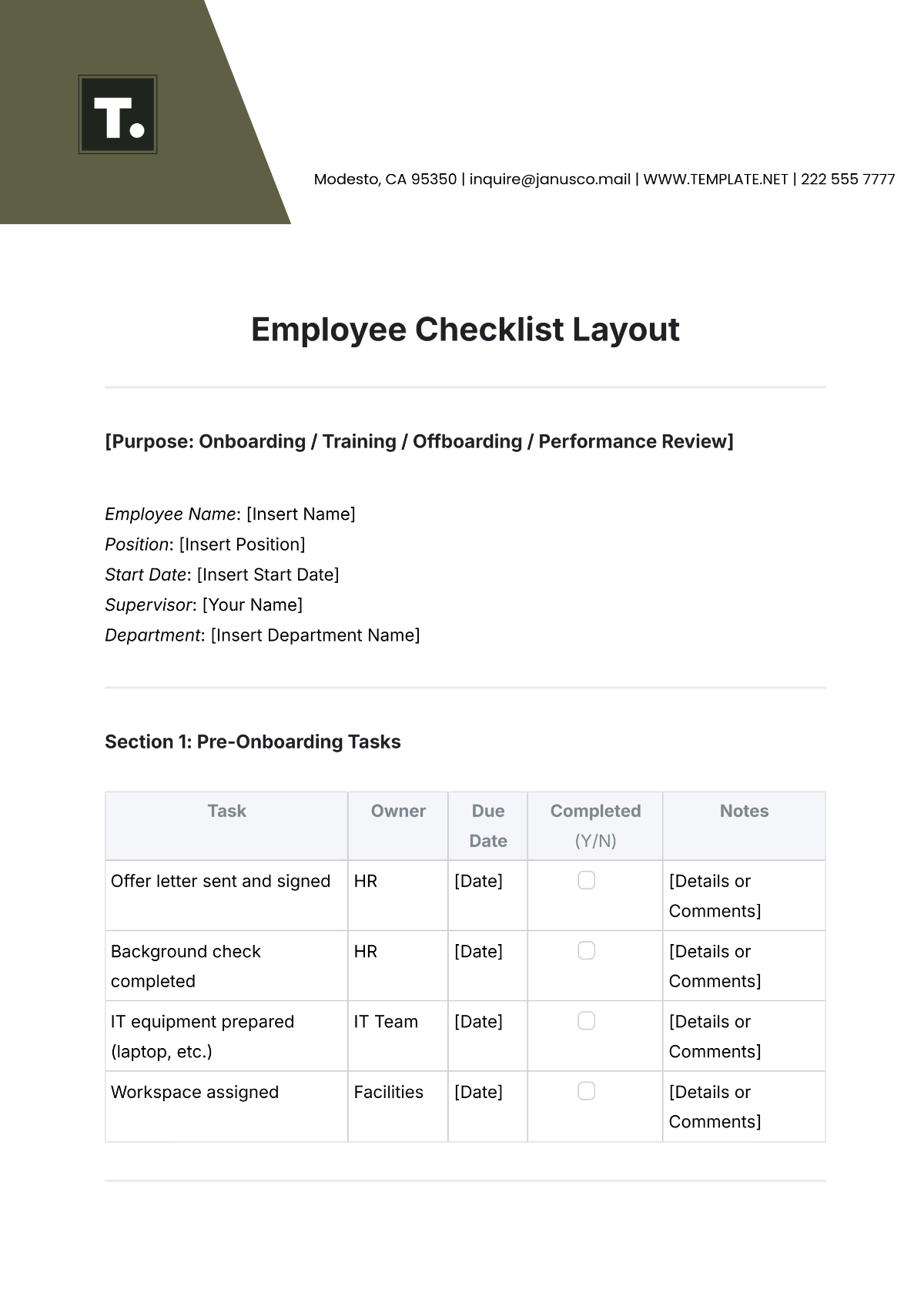 Free Employee Checklist Layout Template