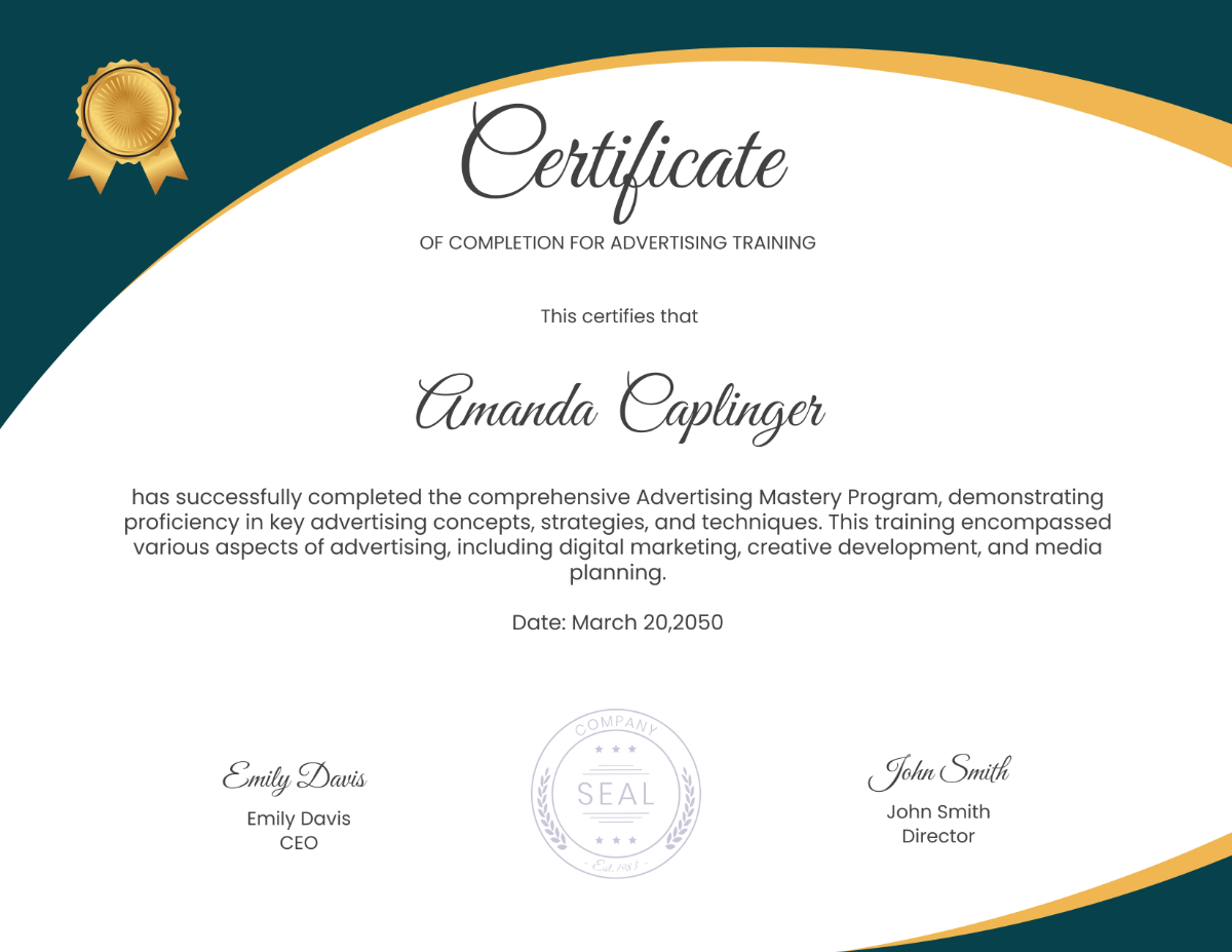 Certificate of Completion for Advertising Training Template - Edit Online & Download