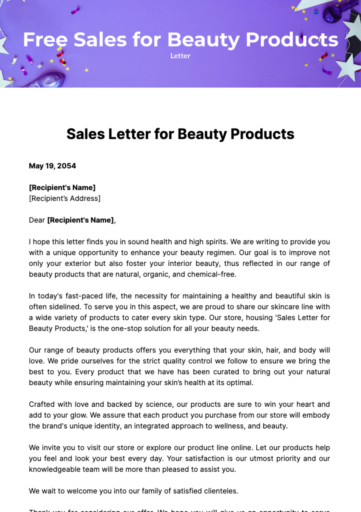 Free Sales Letter for Beauty Products Template