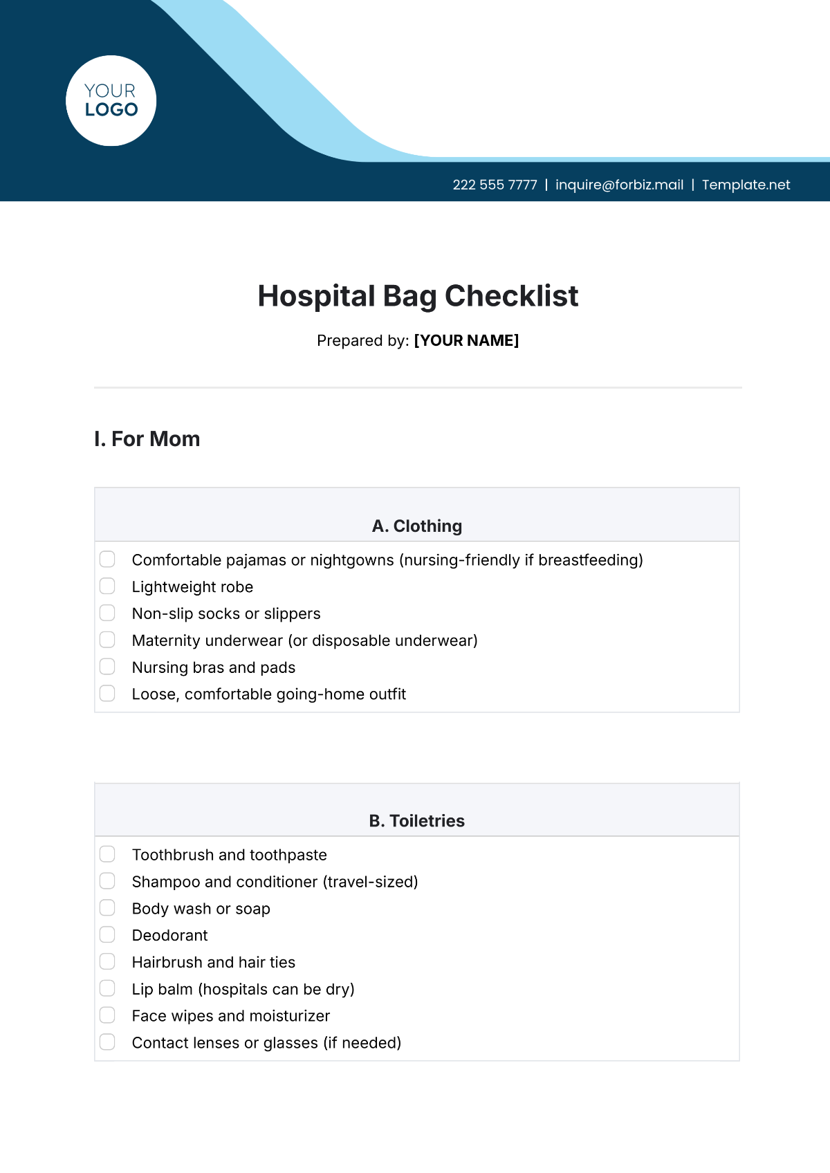 Free Hospital Bag Checklist Template