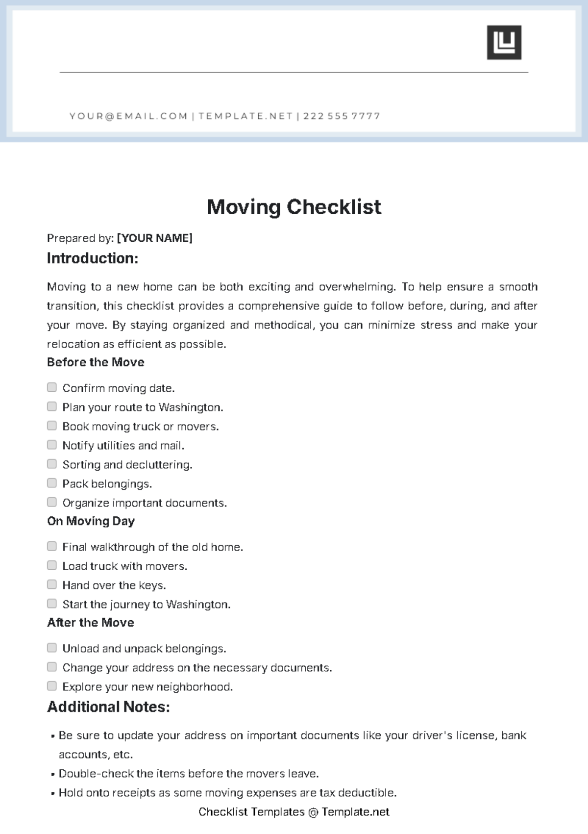 Free Moving Checklist Template