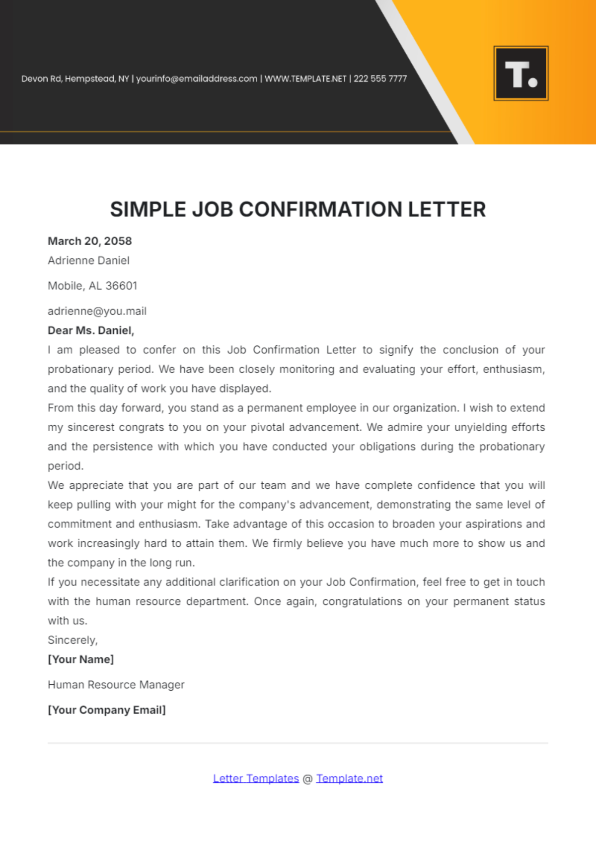 Free Simple Job Confirmation Letter Template