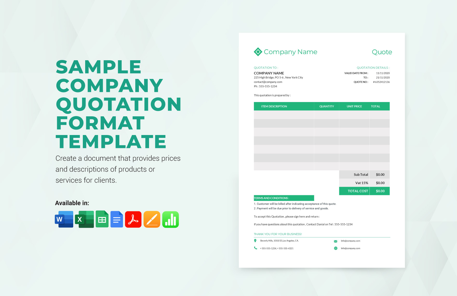 Sample Company Quotation Format Template in Google Sheets, Excel, Pages, Word, Apple Numbers, PDF, Google Docs - Download | Template.net