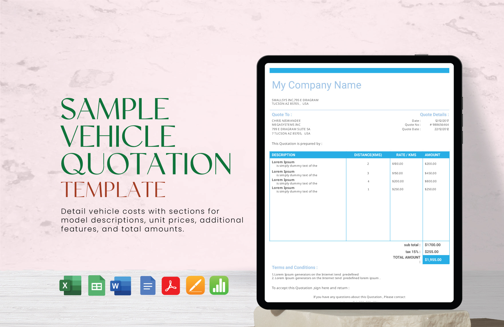 Sample Vehicle Quotation Template in Excel, PDF, Apple Pages, Word, Apple Numbers, Google Sheets, Google Docs - Download | Template.net