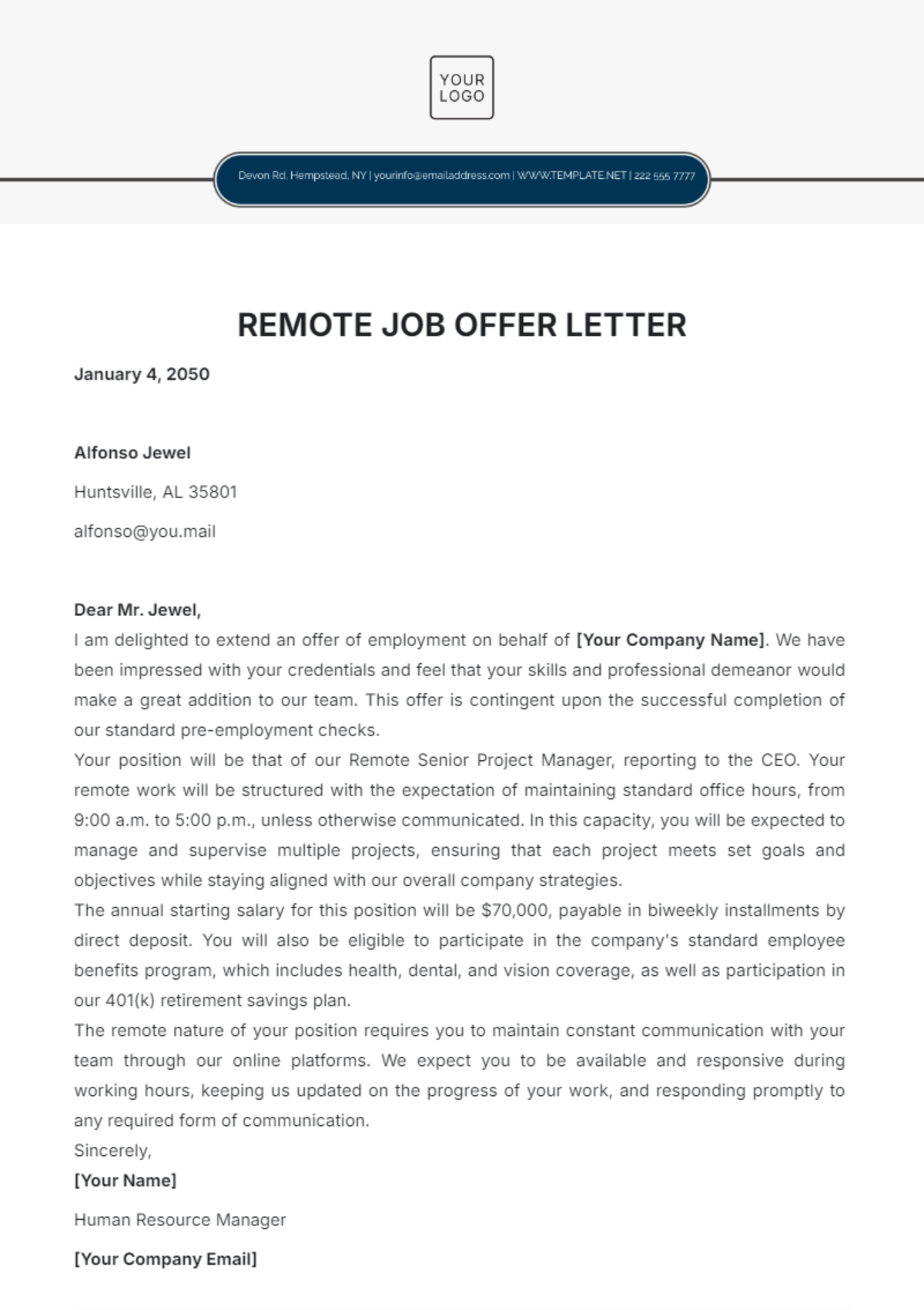 Free Remote Job Offer Letter Template