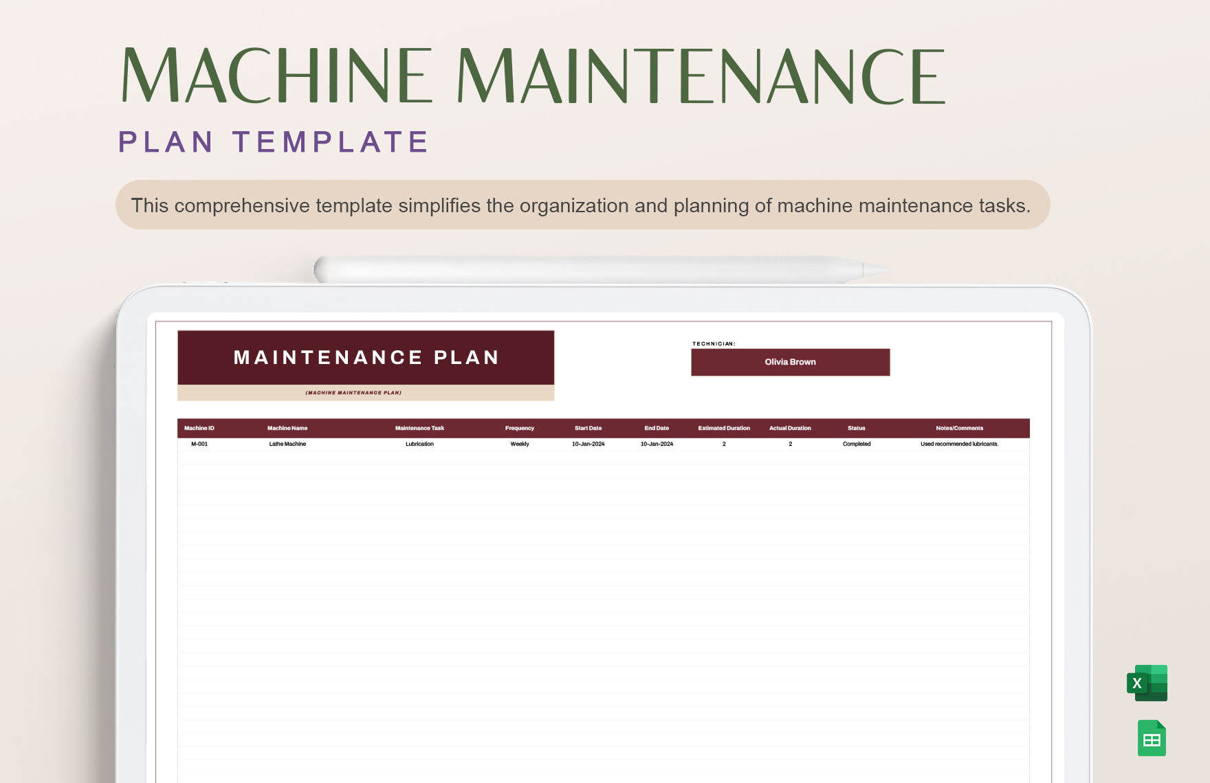 Machine Maintenance Plan Template