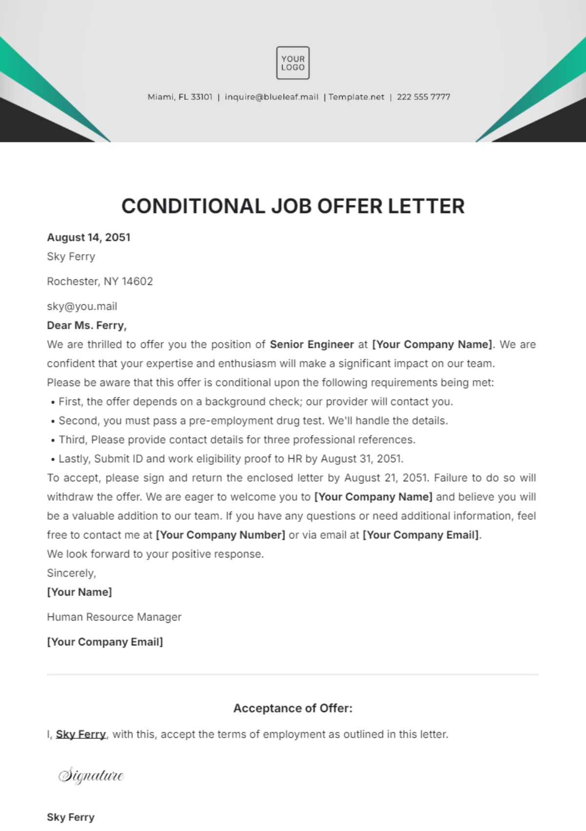 Free Conditional Job Offer Letter Template