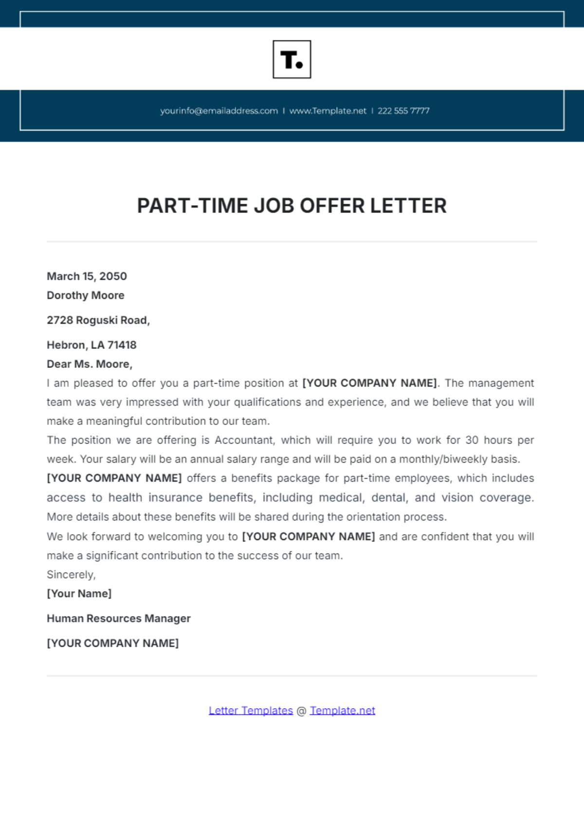 Free Part-Time Job Offer Letter Template