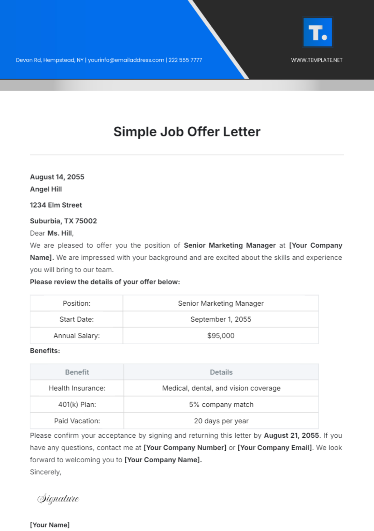 Free Simple Job Offer Letter Template