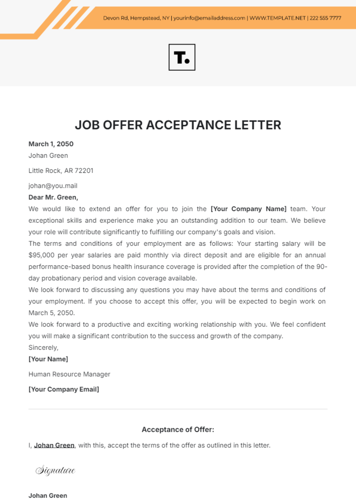 Free Job Offer Acceptance Letter Template