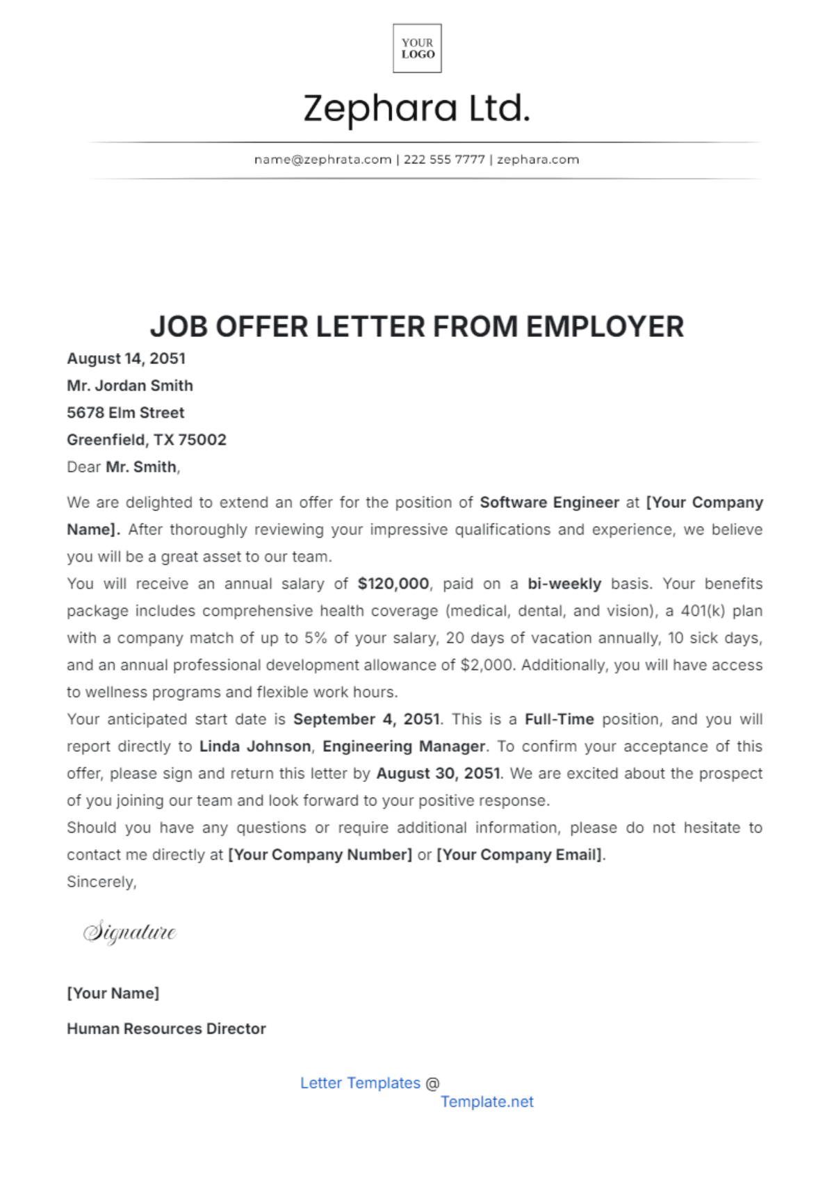 Free Job Offer Letter from Employer Template