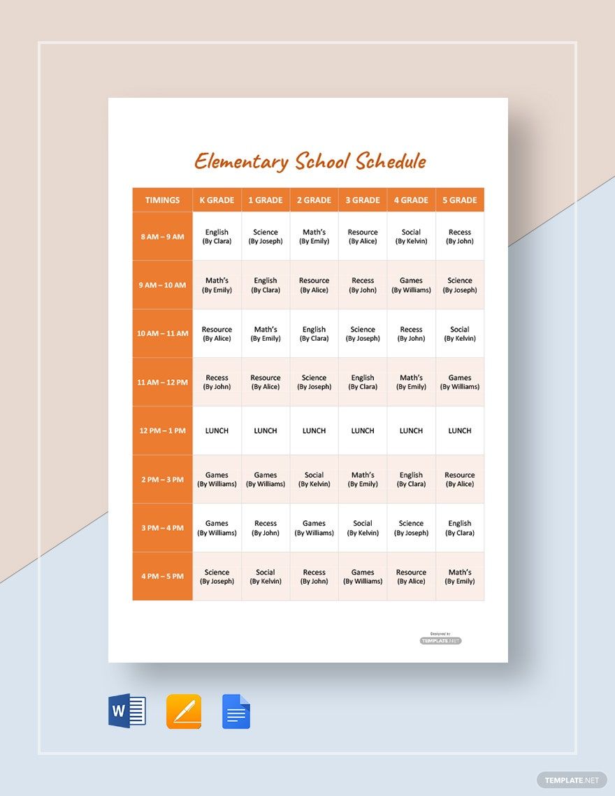 Sample Elementary School Schedule Template in Google Docs, Word, Pages - Download | Template.net