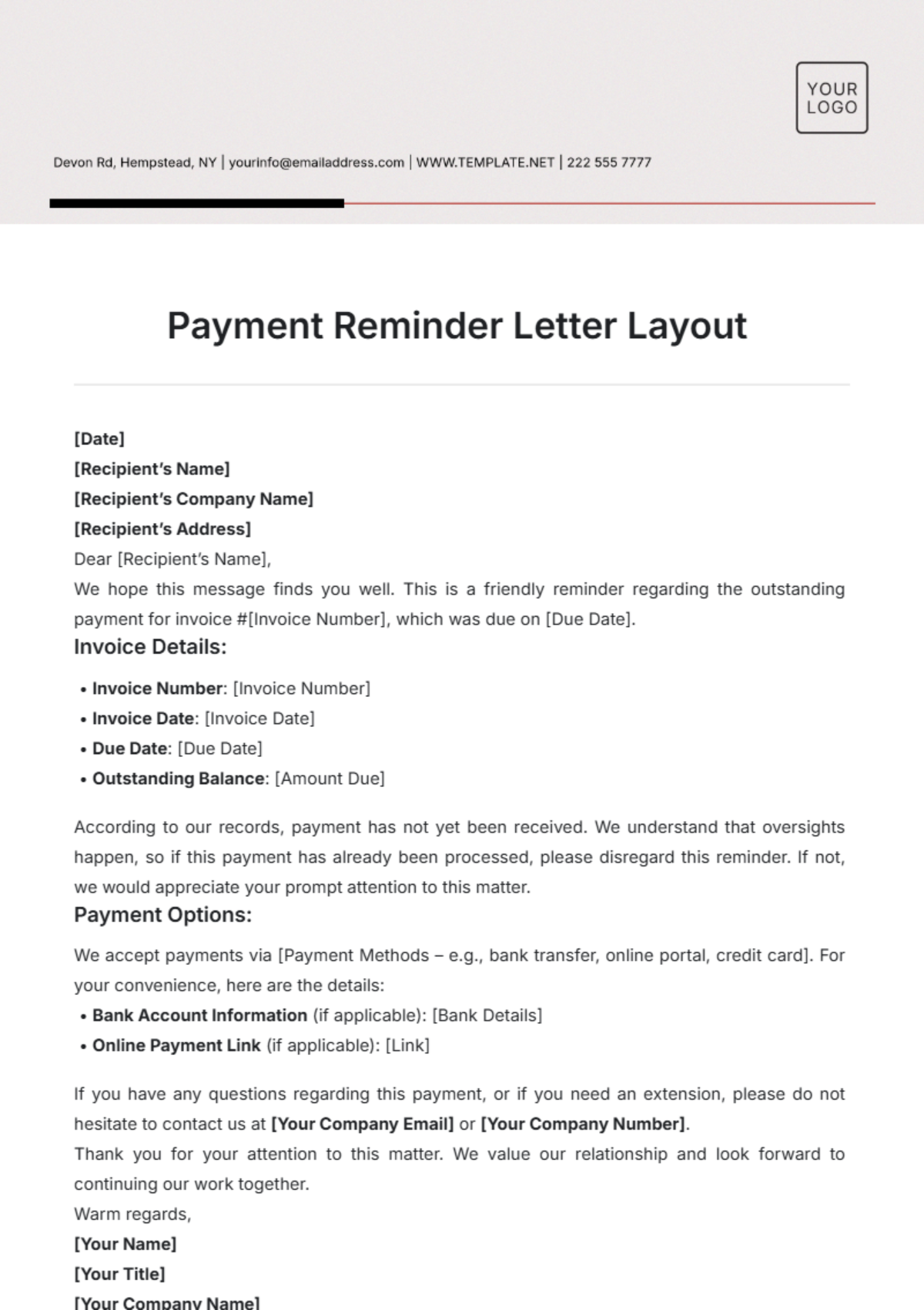 Free Payment Reminder Letter Layout Template