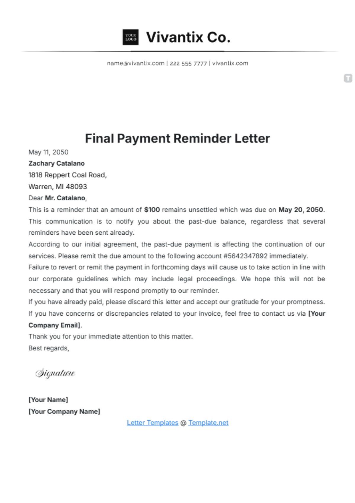 Free Final Payment Reminder Letter Template