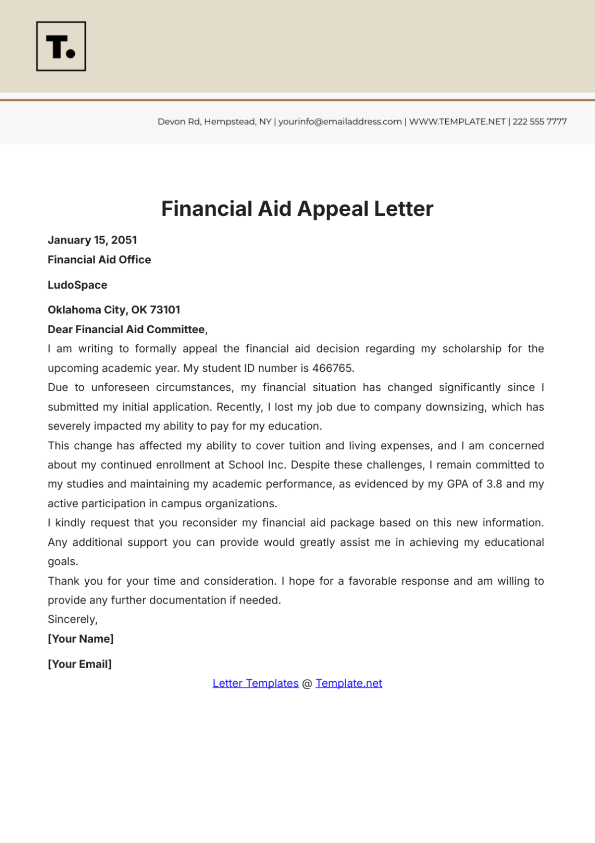 Free Financial Aid Appeal Letter Template