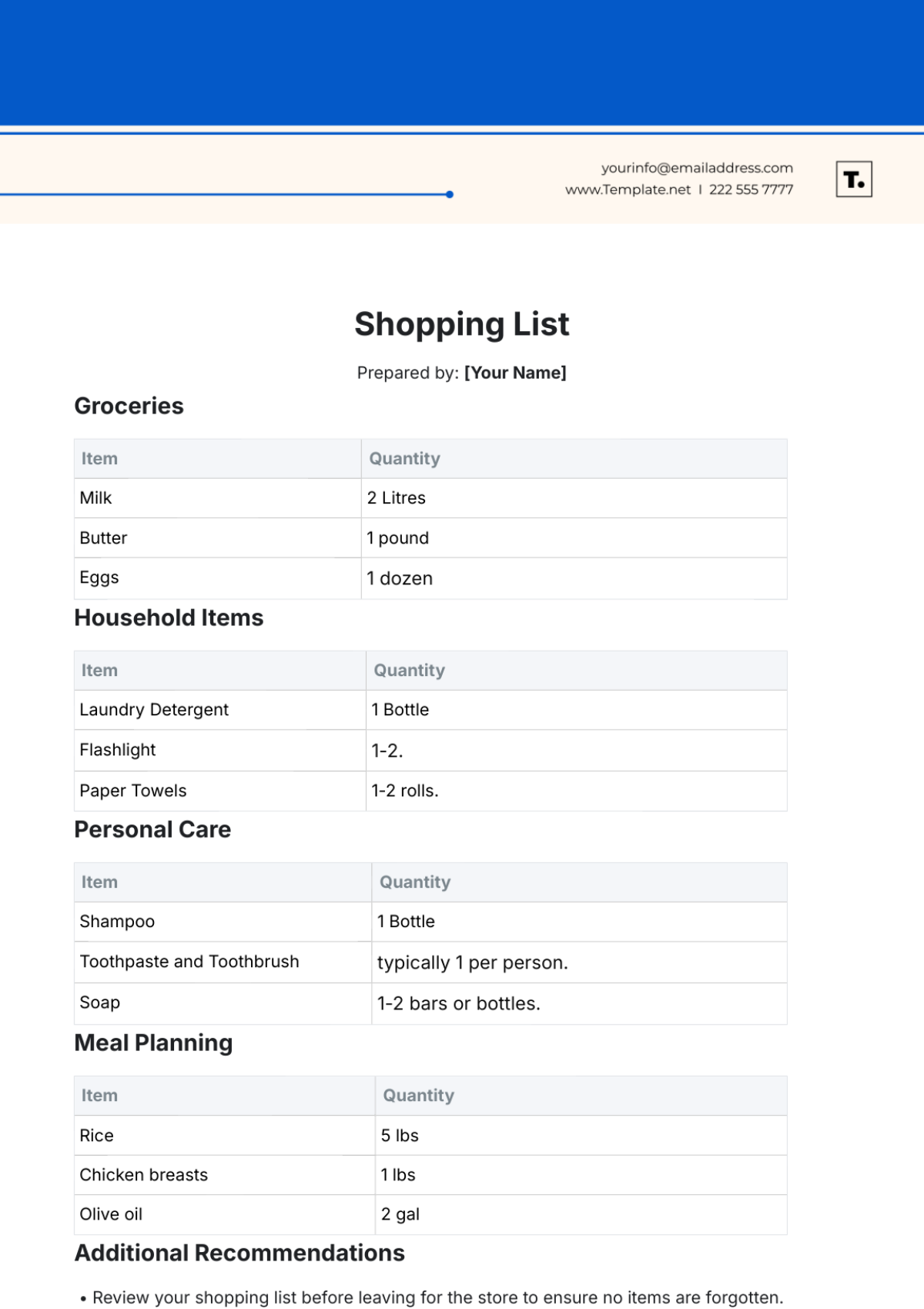 Free Shopping List Template