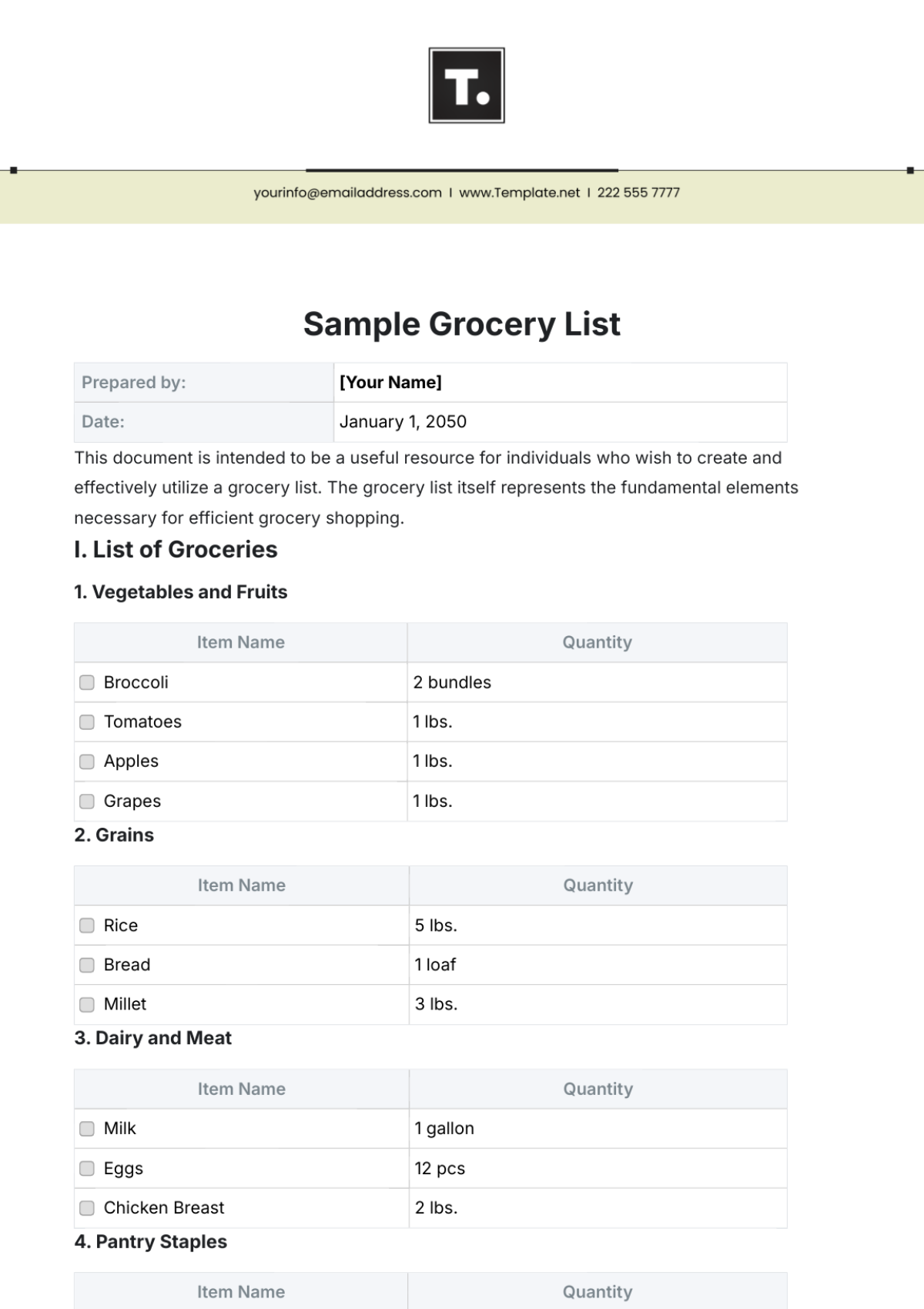 Free Sample Grocery List Template