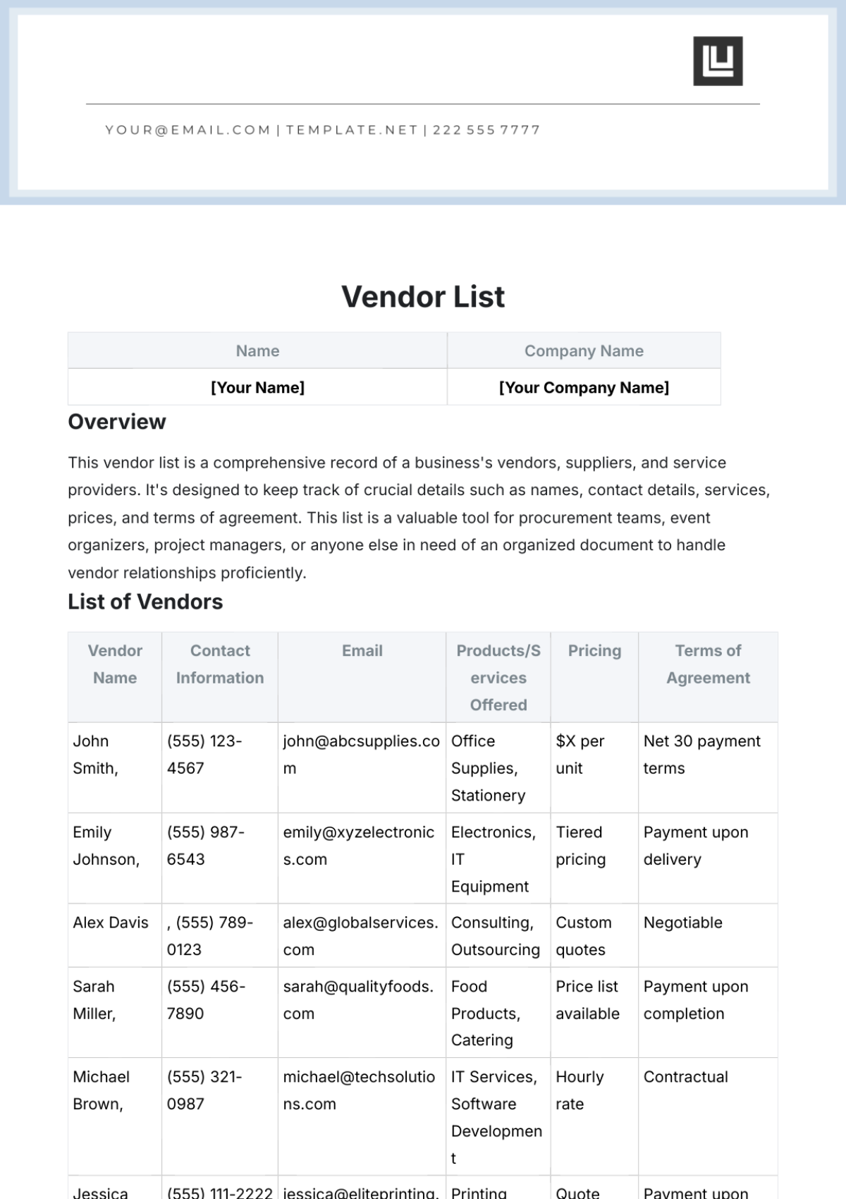 Free Vendor List Template