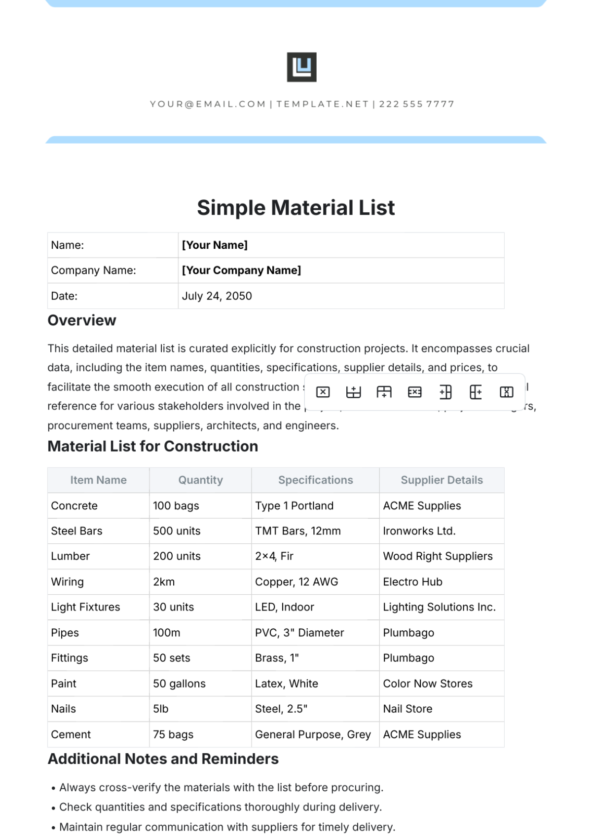 Free Simple Material List Template