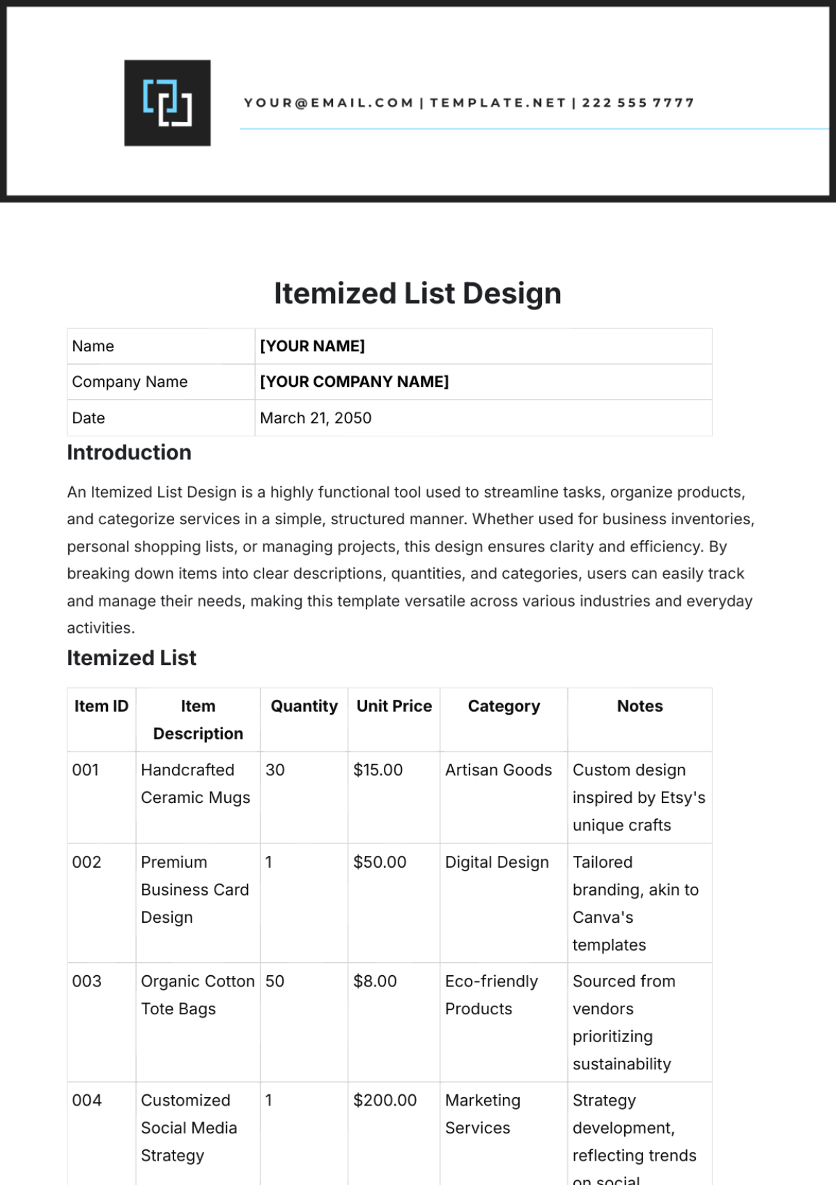 Free Itemized List Design Template