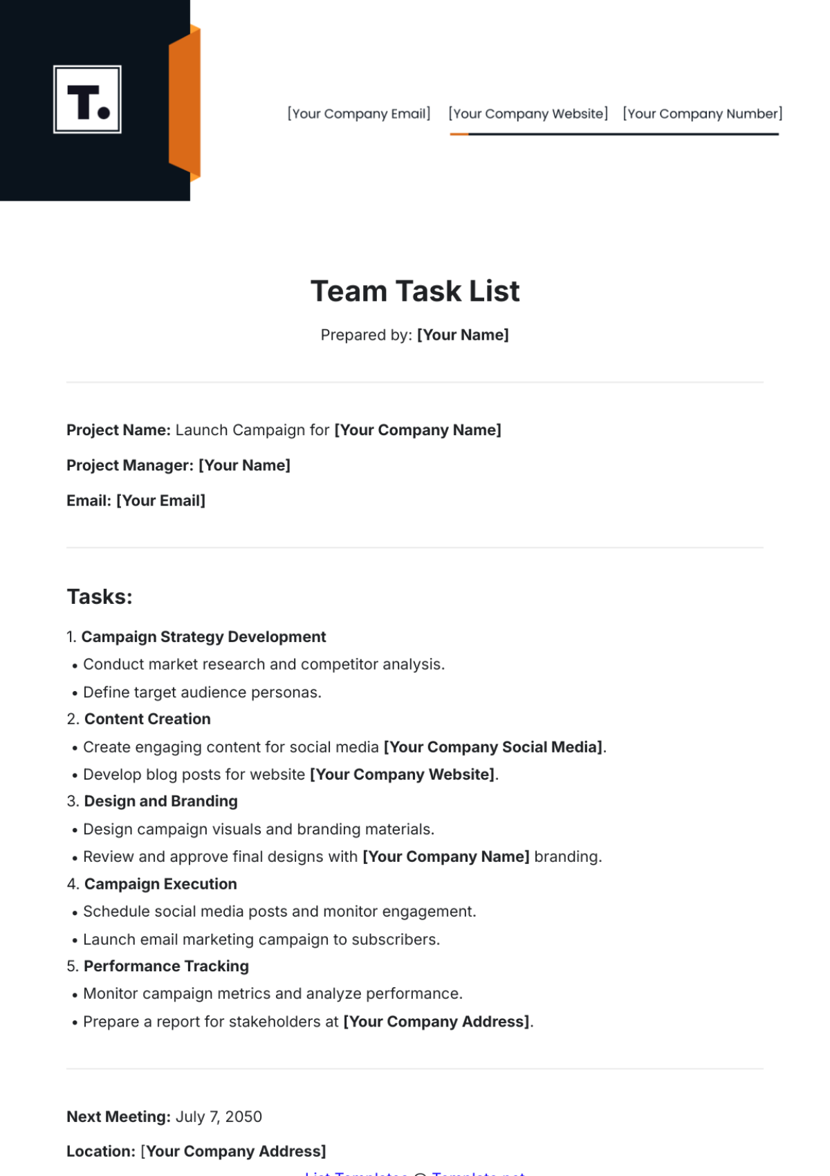 Free Team Task List Template