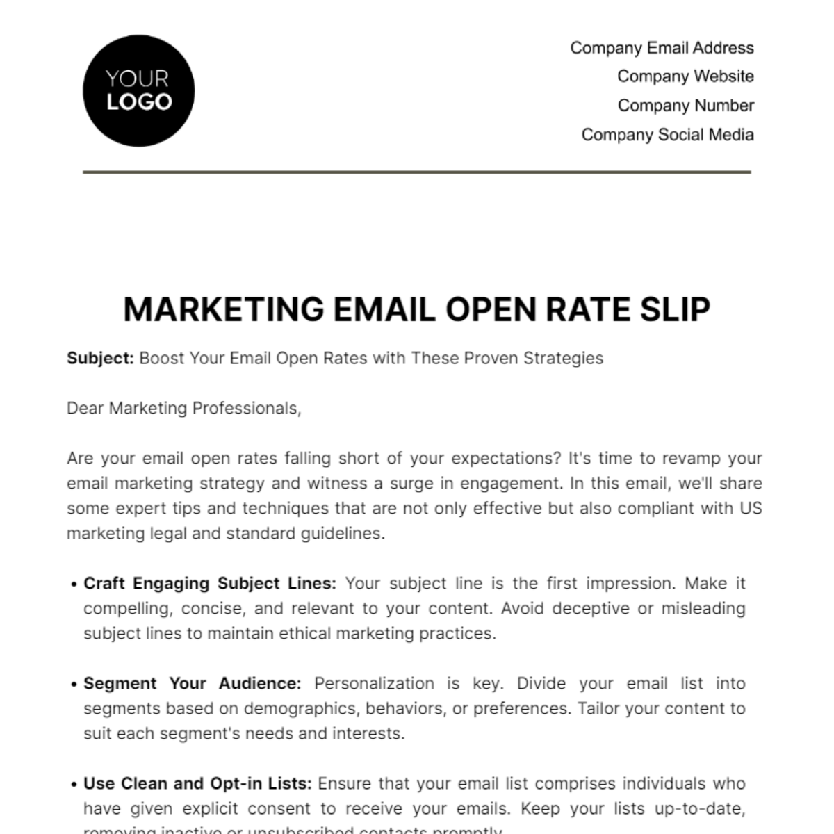 Free Marketing Email Open Rate Slip Template - Edit Online & Download ...