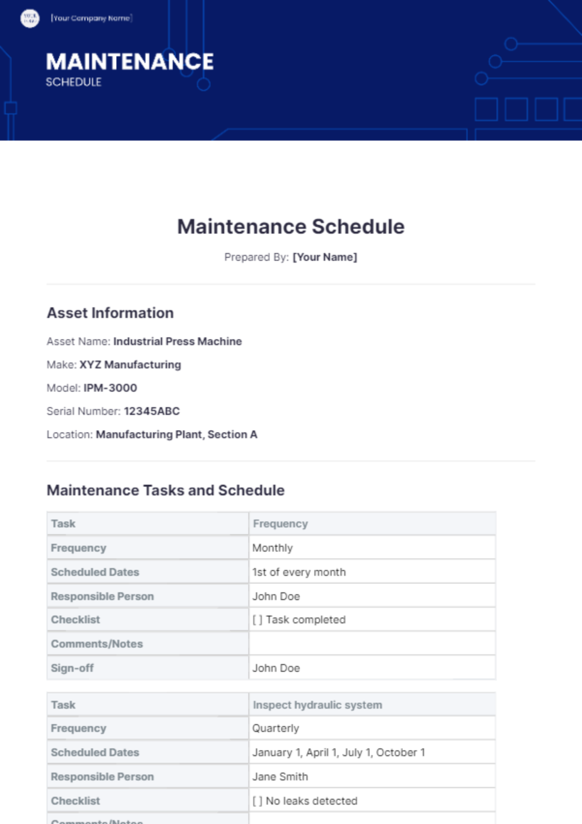 Free Maintenance Schedule Template