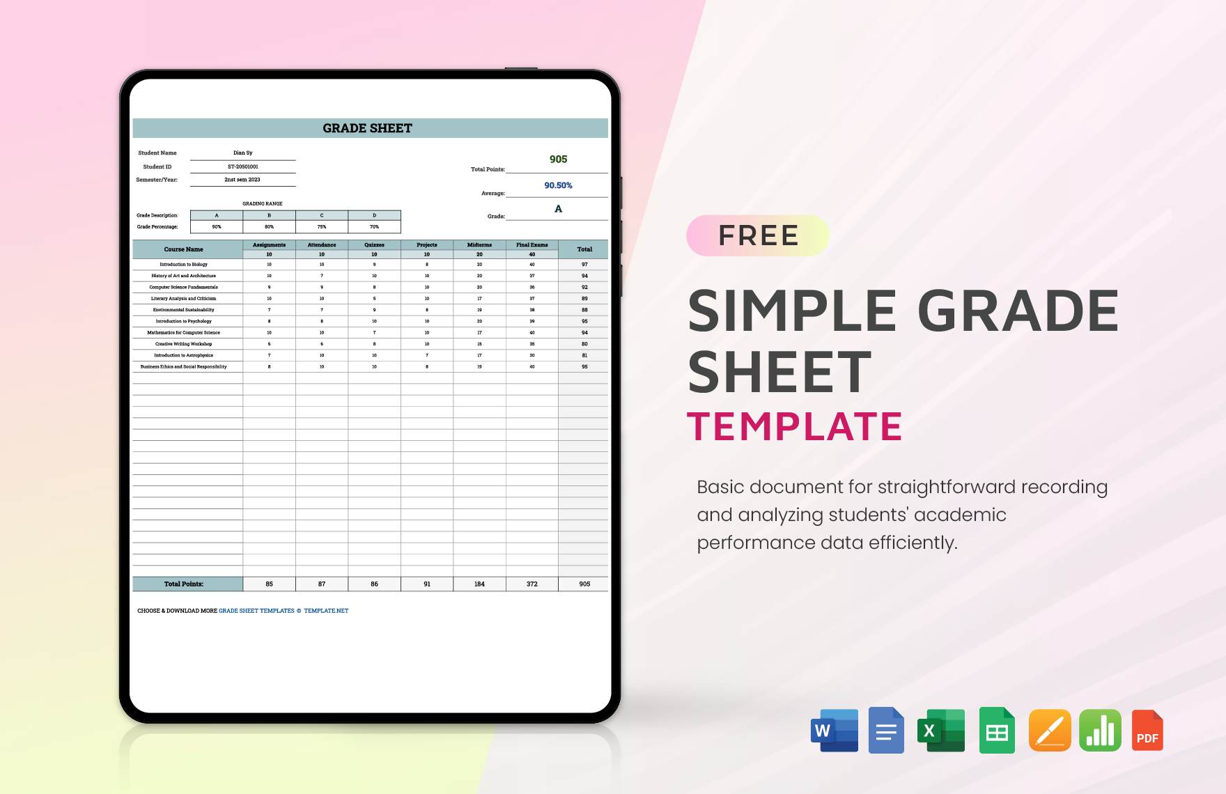 Simple Grade Sheet Template