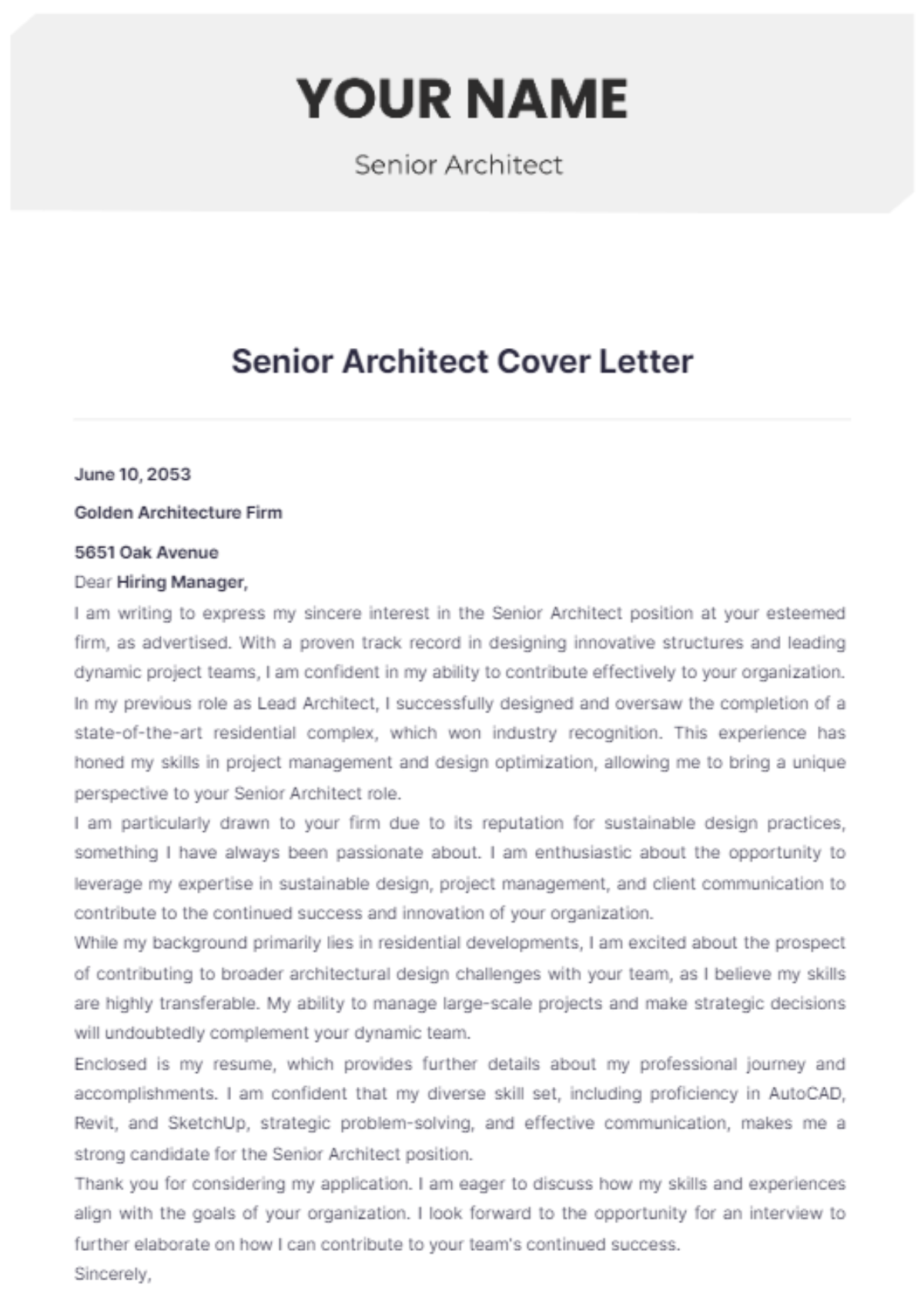 Free Senior Architect Cover Letter Template - Edit Online & Download ...