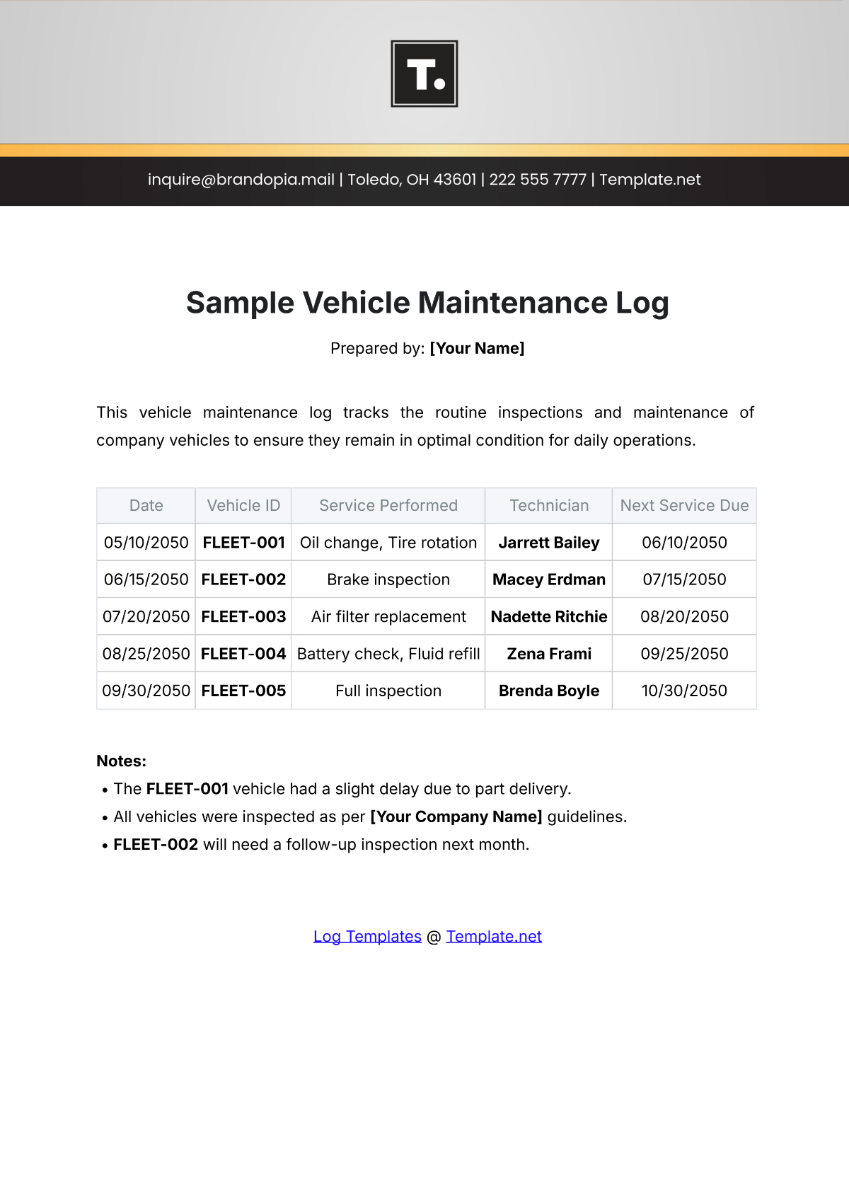 Free Vehicle Maintenance Log Template