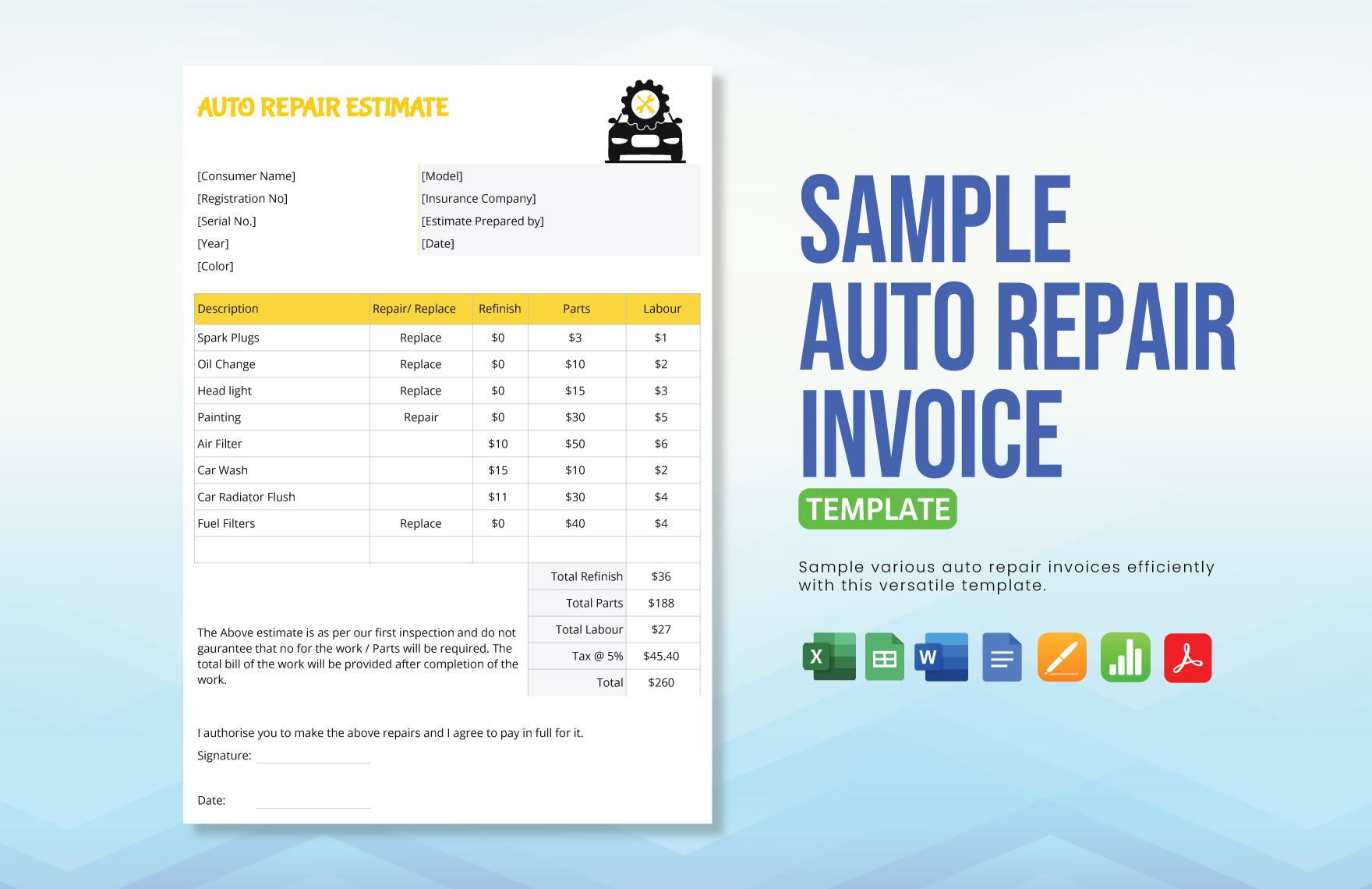 Sample Auto Repair Invoice Template in Google Sheets, Word, Excel, Apple Pages, Apple Numbers, PDF, Google Docs - Download | Template.net