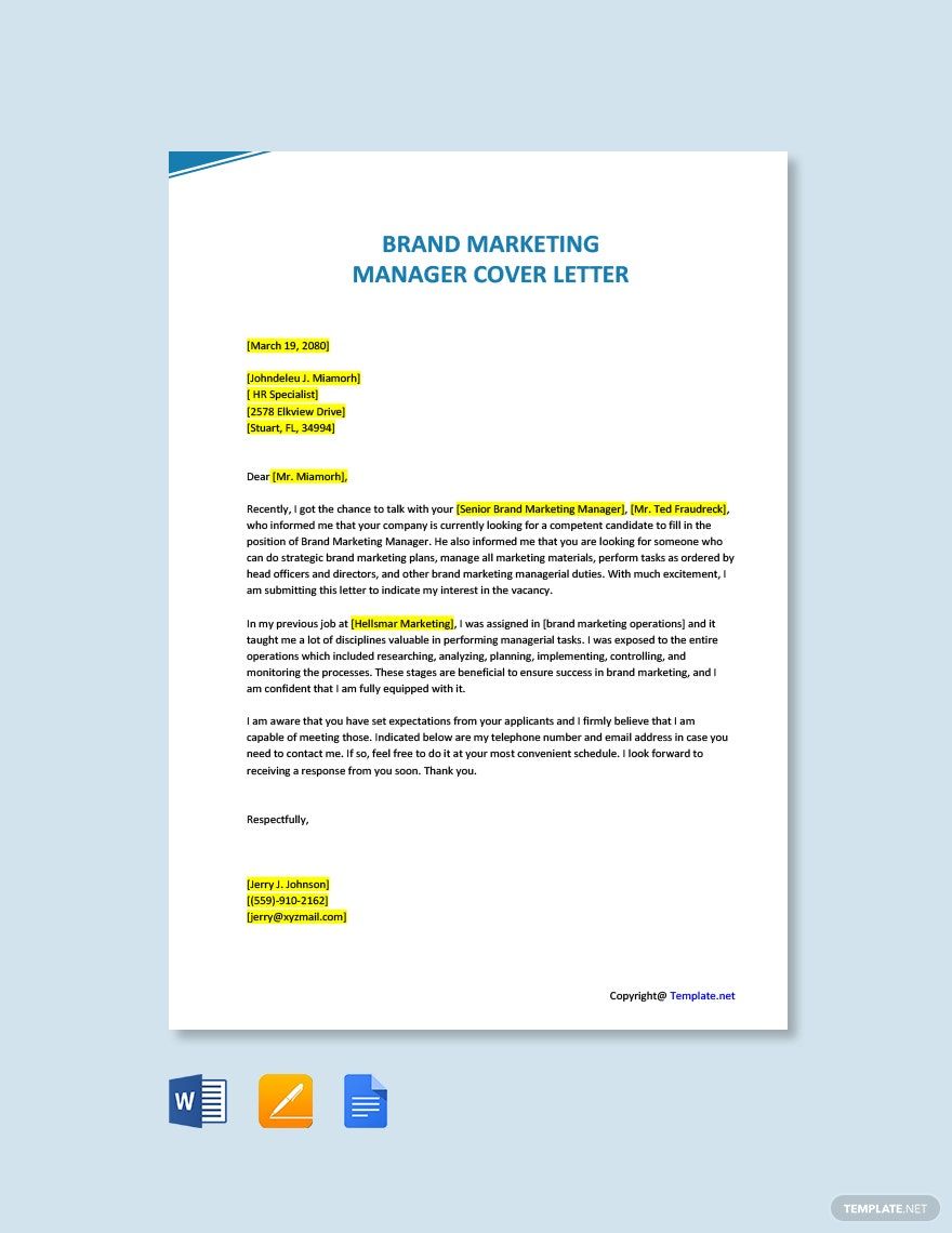 Brand Marketing Manager Cover Letter in Word, Pages, PDF, Google Docs - Download | Template.net