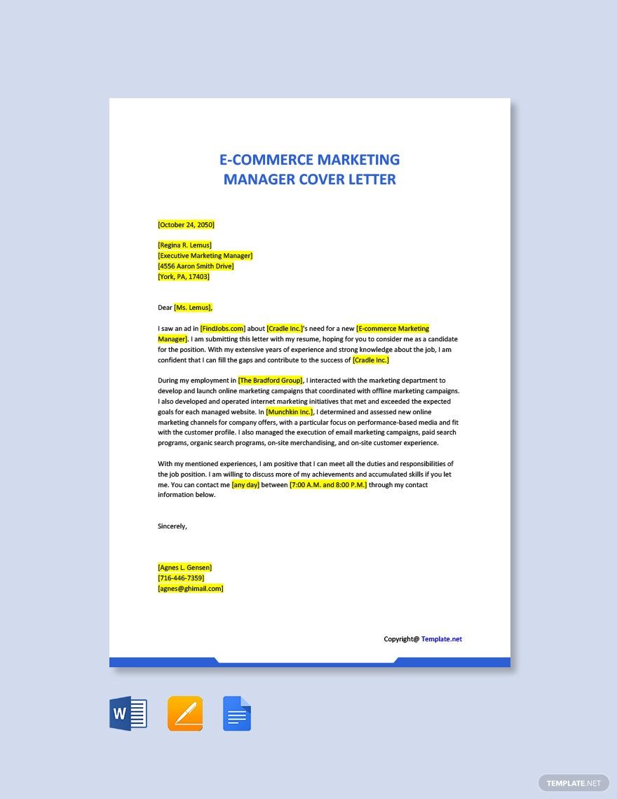 Ecommerce Marketing Manager Cover Letter in Word, Pages, PDF, Google Docs - Download | Template.net