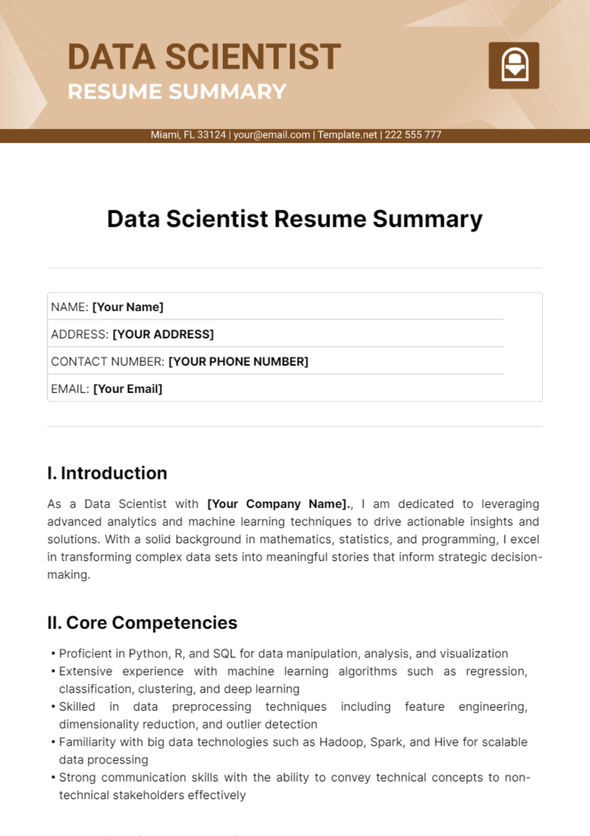 Free Data Scientist Resume Summary Template - Edit Online & Download ...