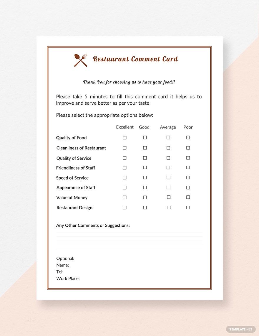 Restaurant Comment Card Template