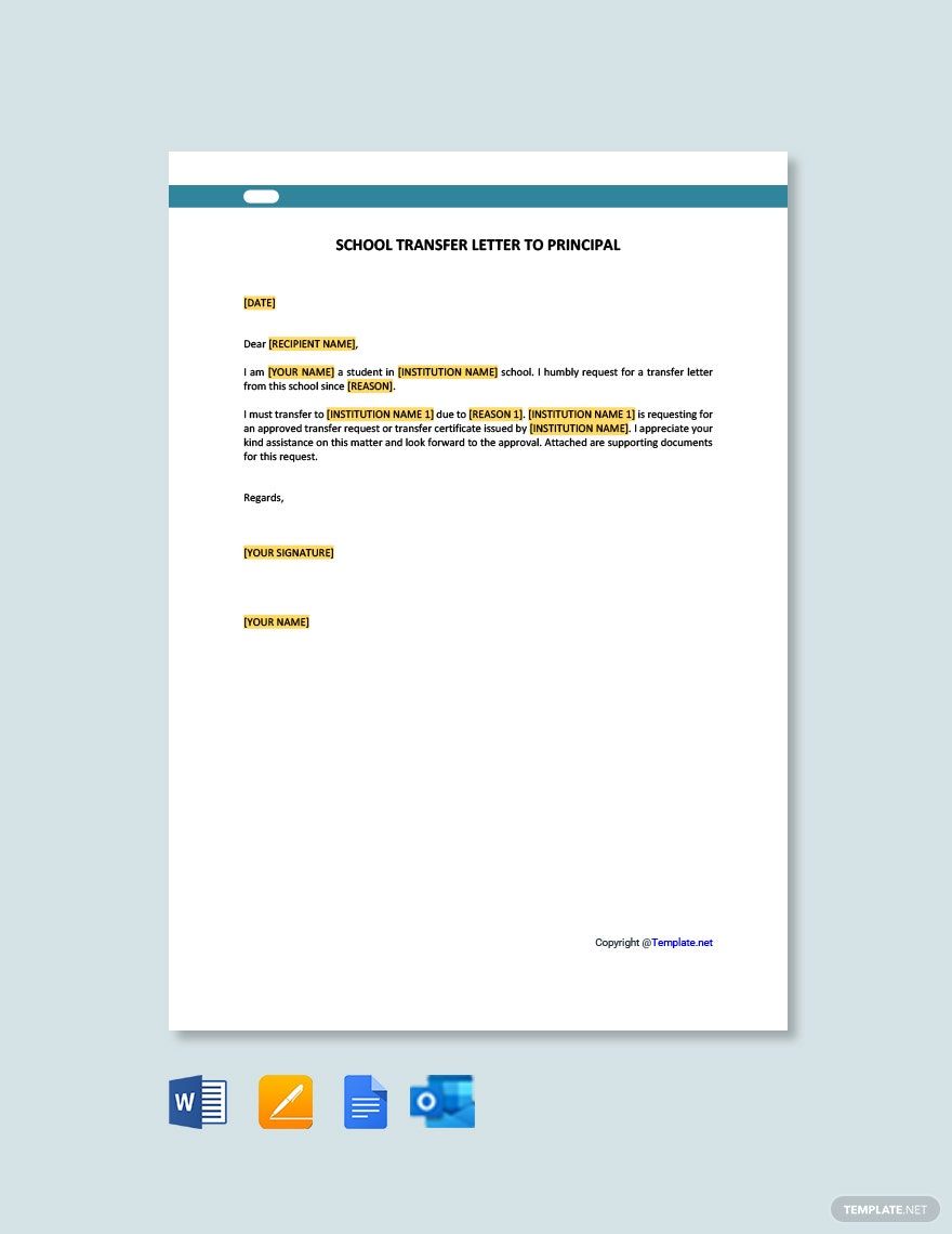 School Transfer Letter to Principal in Google Docs, Pages, Word, Outlook, PDF - Download | Template.net