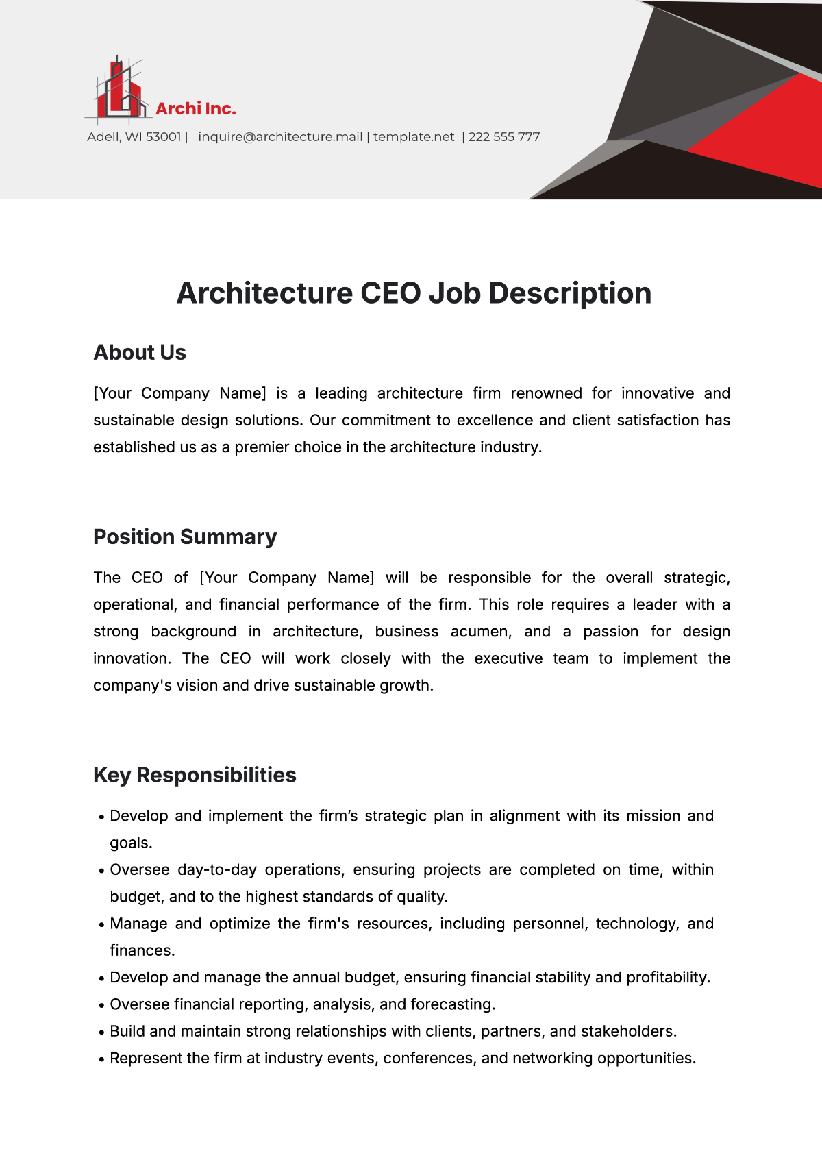 Free Architecture CEO Job Description Template to Edit Online