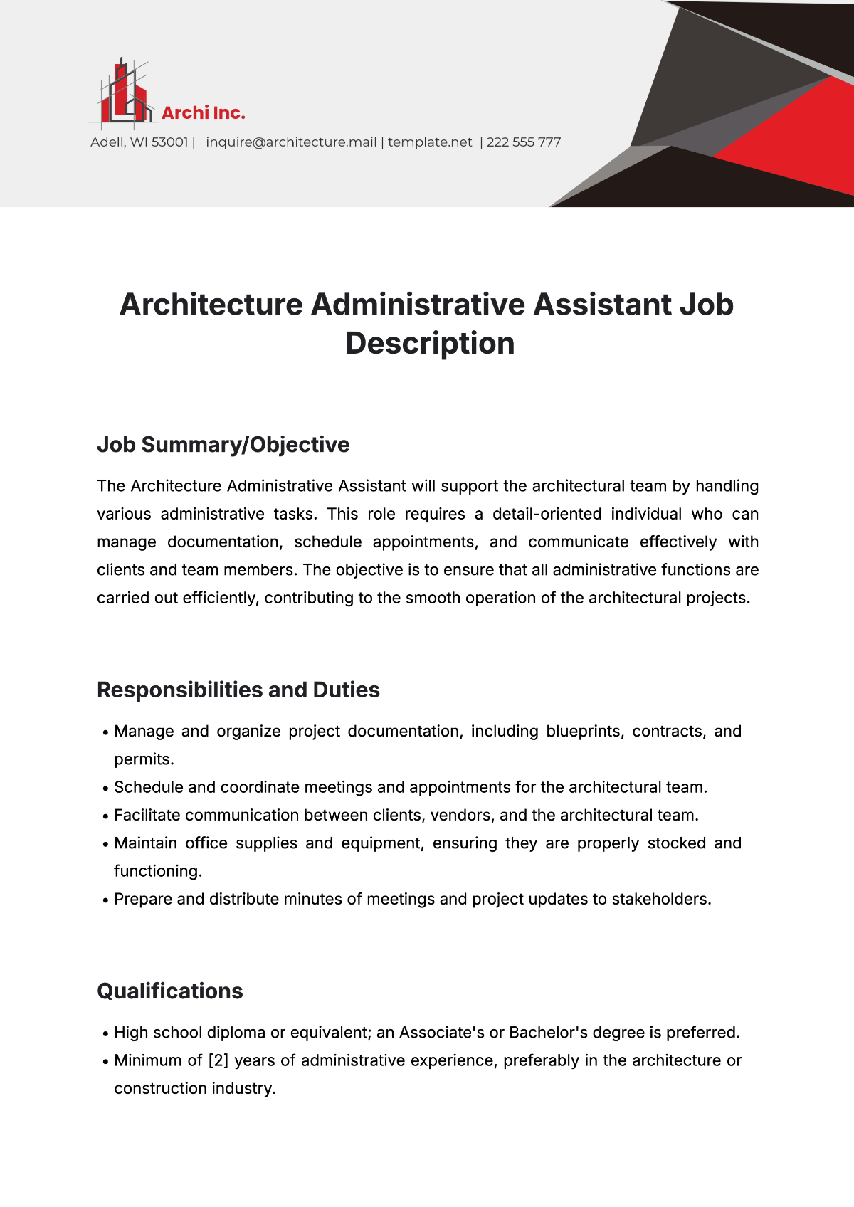 Free Architecture Administrative Assistant Job Description Template to Edit Online