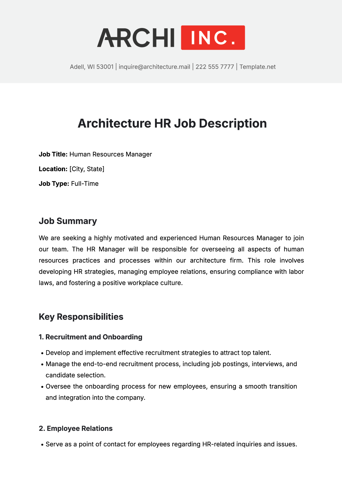 Free Architecture HR Job Description Template to Edit Online