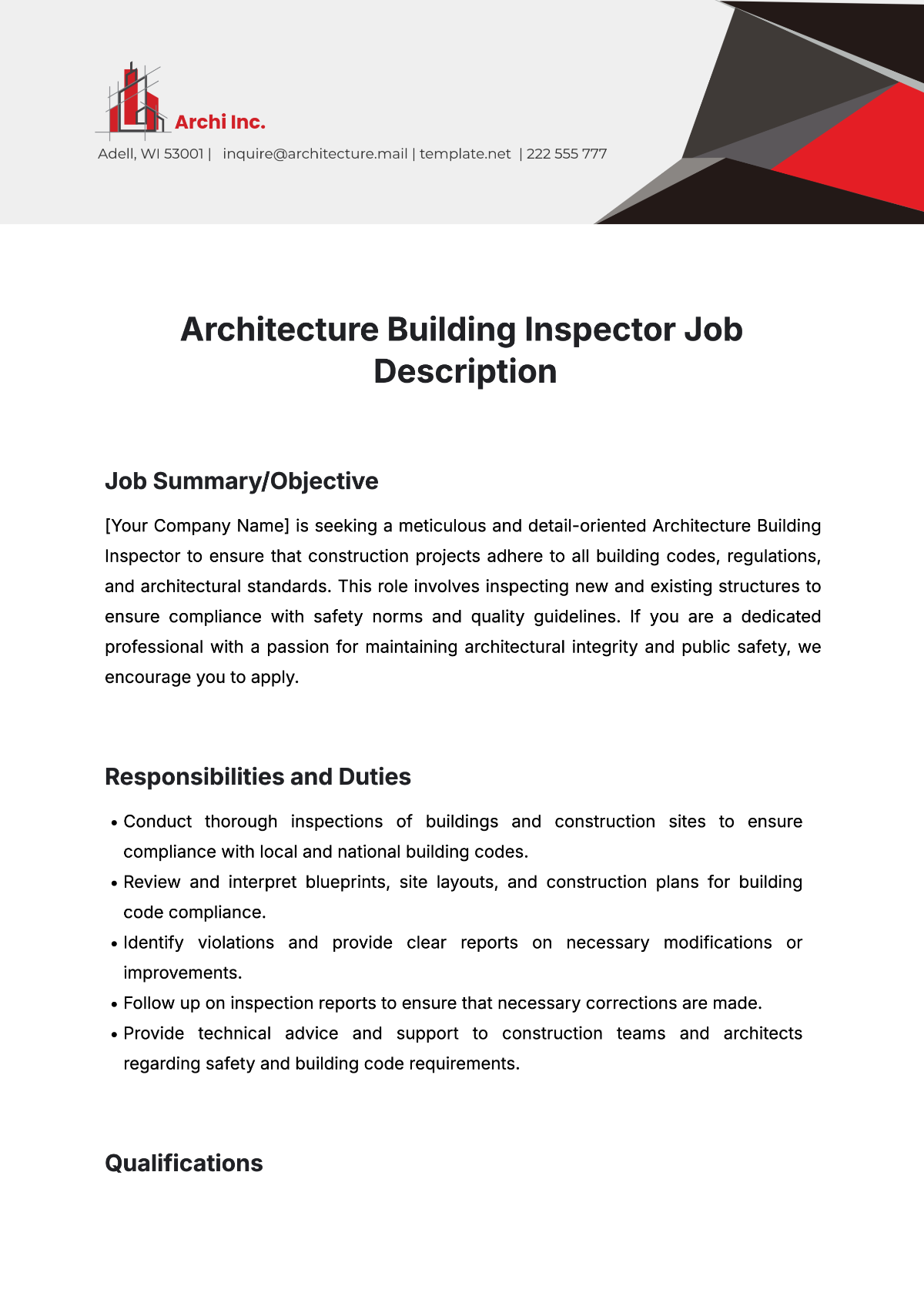 Free Architecture Building Inspector Job Description Template to Edit Online