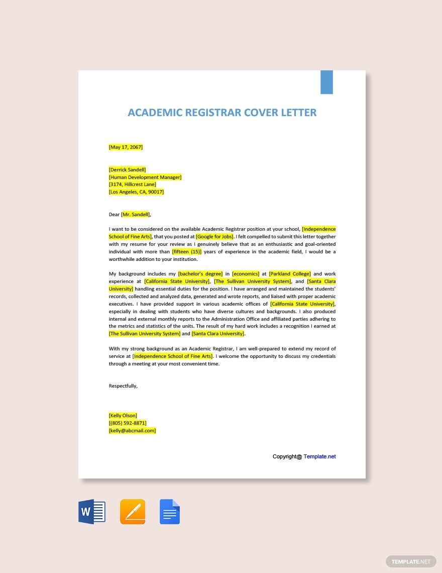 Academic Registrar Cover Letter in Word, Google Docs, PDF, Apple Pages