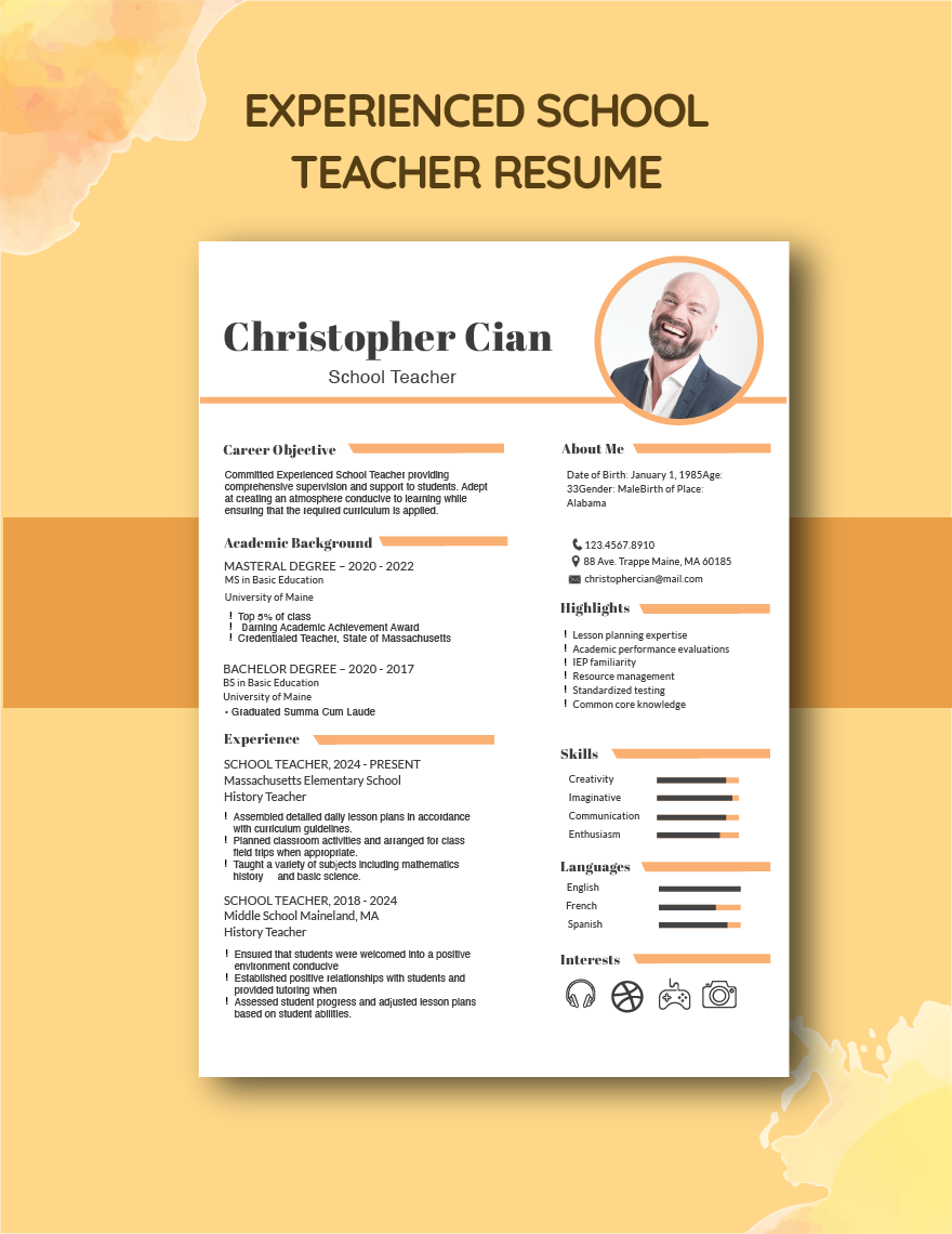 Experienced School Teacher Resume in Word, PSD, Publisher, Pages - Download | Template.net