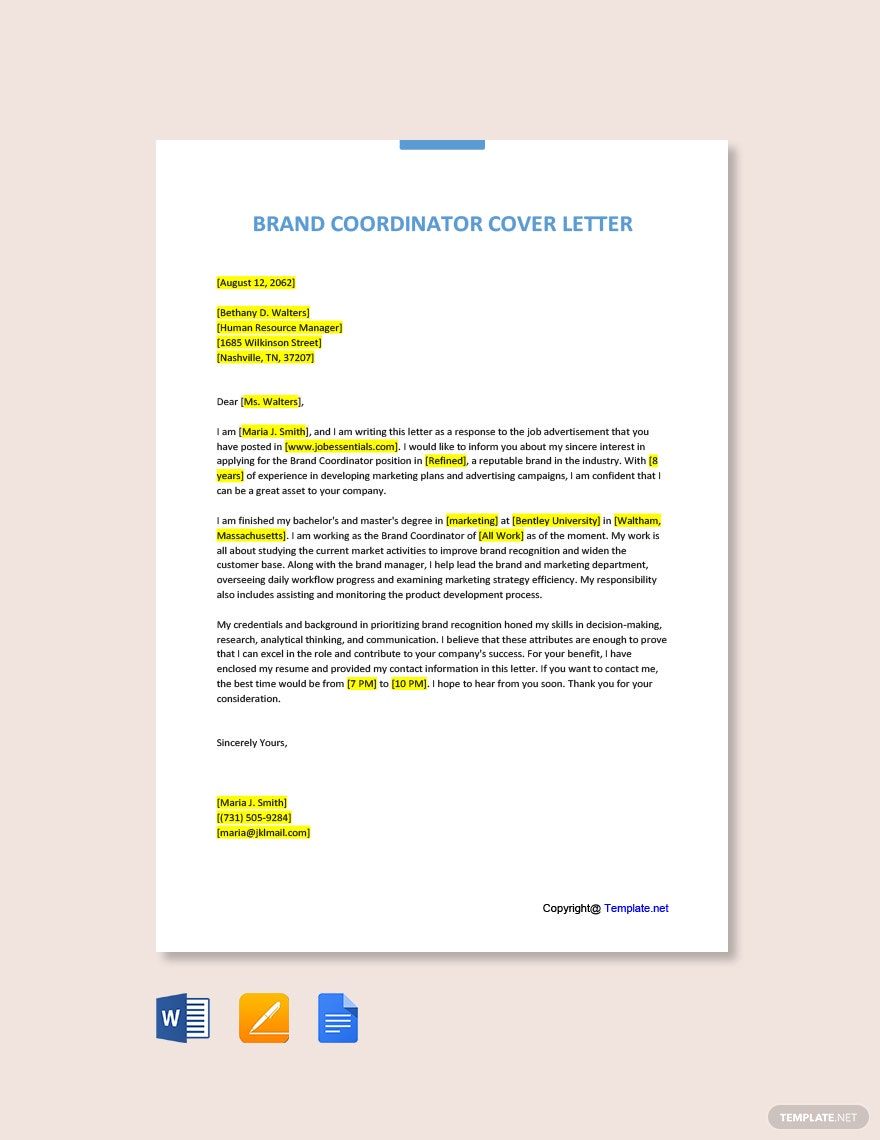 Brand Coordinator Cover Letter in Word, Pages, Google Docs, PDF - Download | Template.net