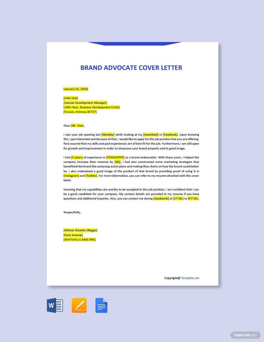 Brand Advocate Cover Letter in Google Docs, Word, Pages, PDF - Download | Template.net