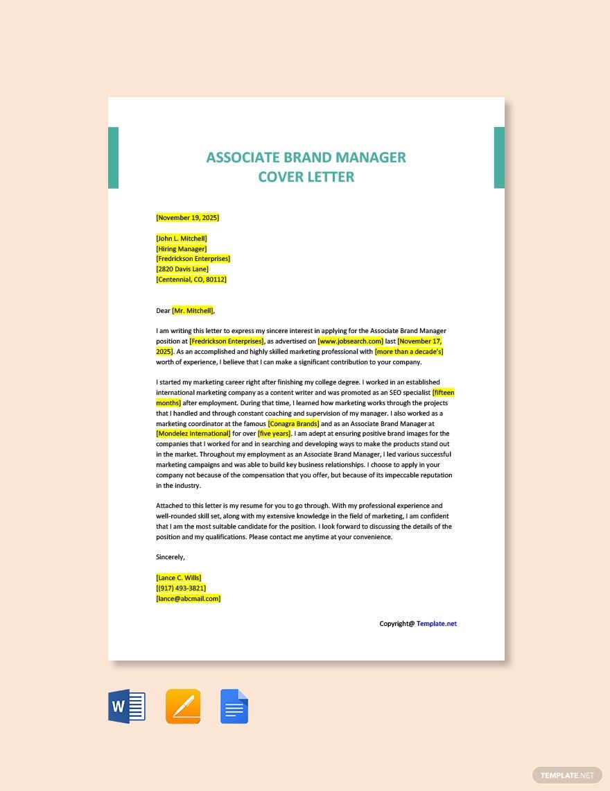 Associate Brand Manager Cover Letter in Google Docs, Word, Pages, PDF - Download | Template.net