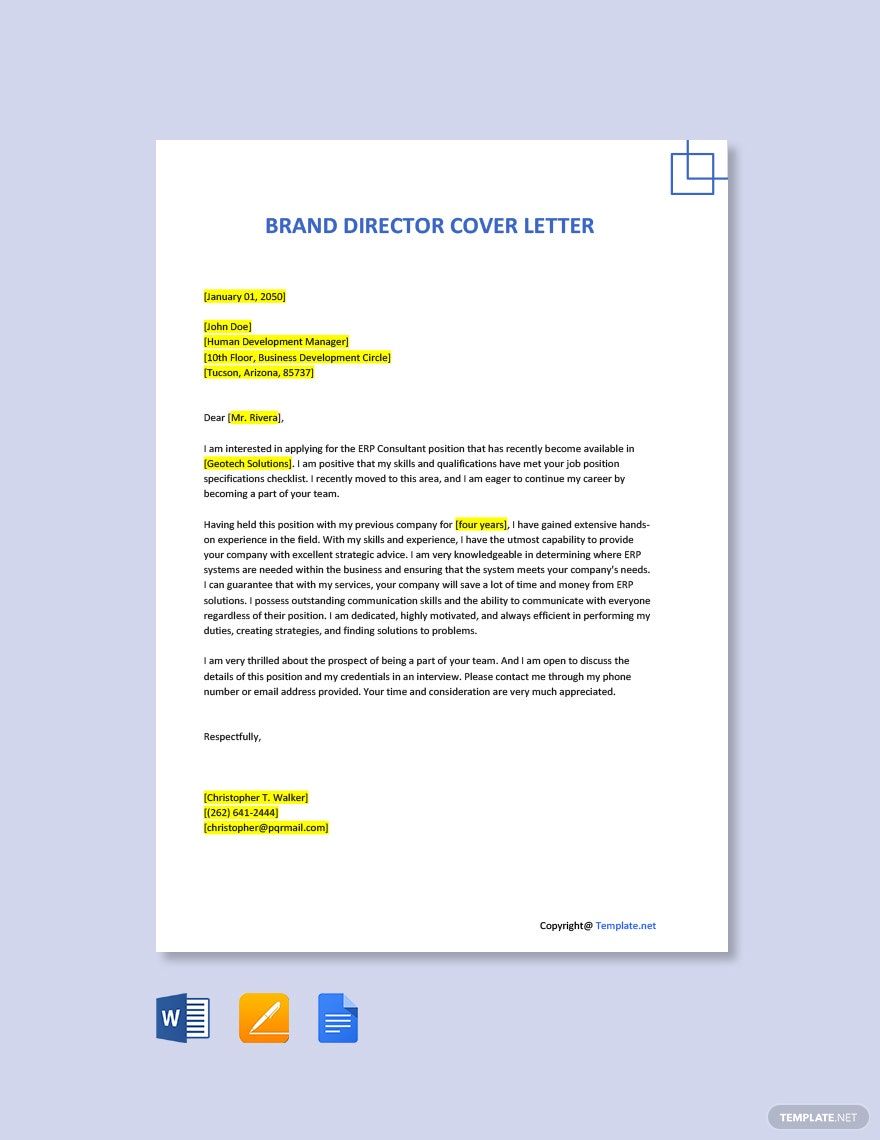 Brand Director Cover Letter in Google Docs, Word, Pages, PDF - Download | Template.net