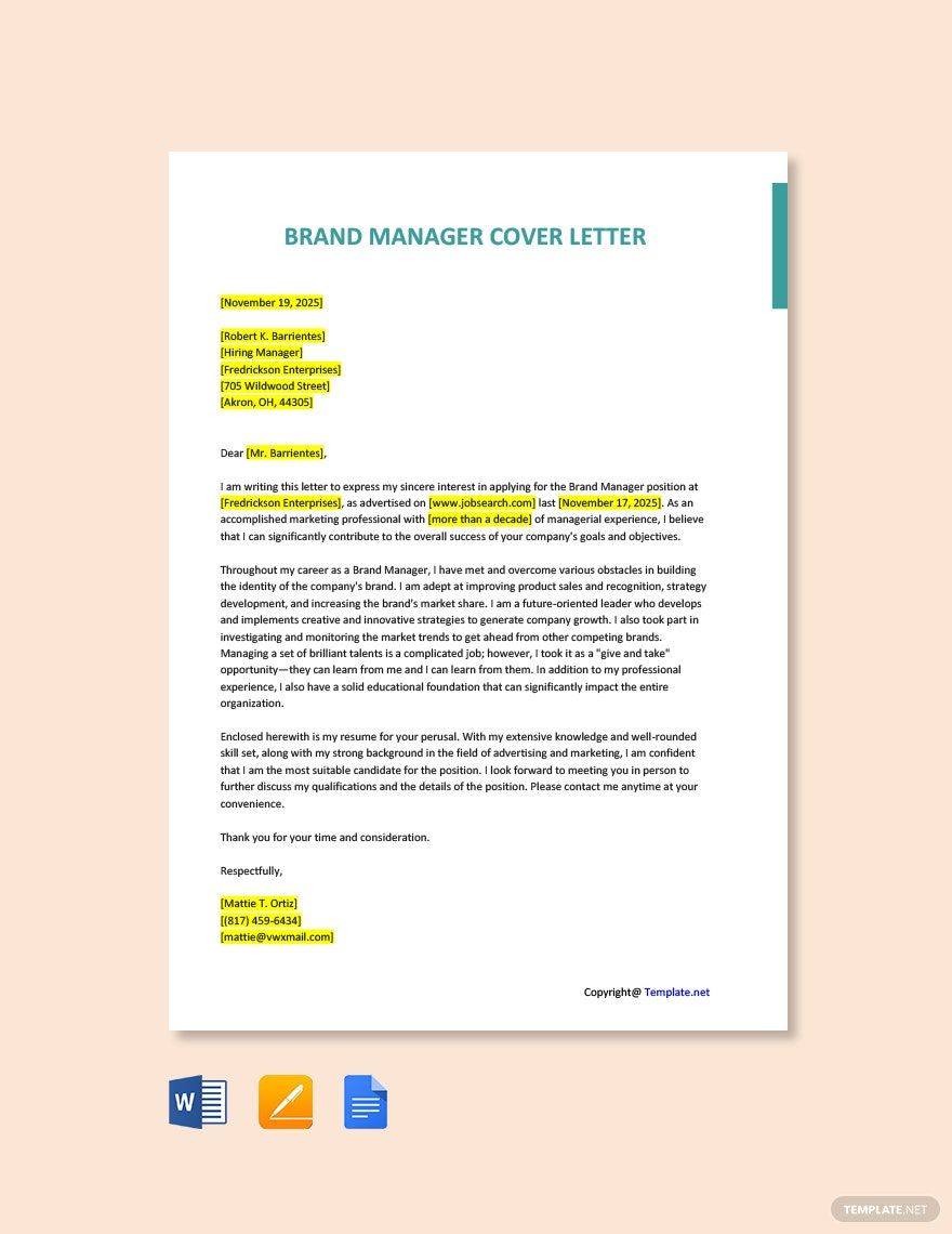 Brand Manager Cover Letter in Word, Pages, PDF, Google Docs - Download | Template.net